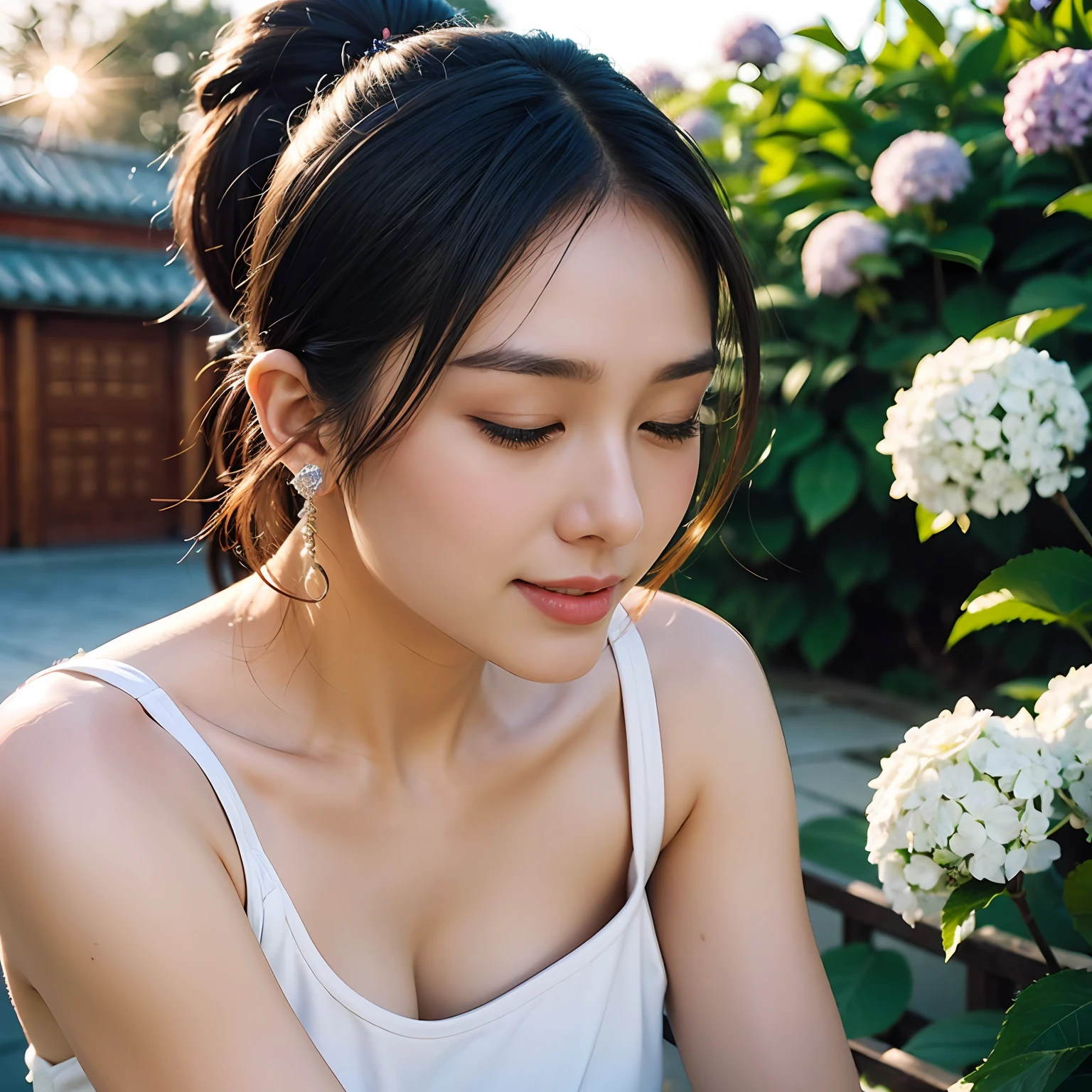 (((Upper body photo, medium shot)))), ((Single eyelid))),(Sunset backlight))),((Lens flare)),((Lens flare)),(In Chinese garden in china clothes)),((Super Soft Focus))))), smiling, (Profile)))))), (Eyes closed)))), twilight, showeringSurrounded by colorful hydrangeas, hydrangeas in the background, ((soft sunset)), (yinchuan:1.5), masterpiece, best quality, raw photo, photorealistic, face, beautiful girl, cute, short hair, (((depth of field)))), high resolution, ultra detail, fine detail, very detailed, cinematic lighting