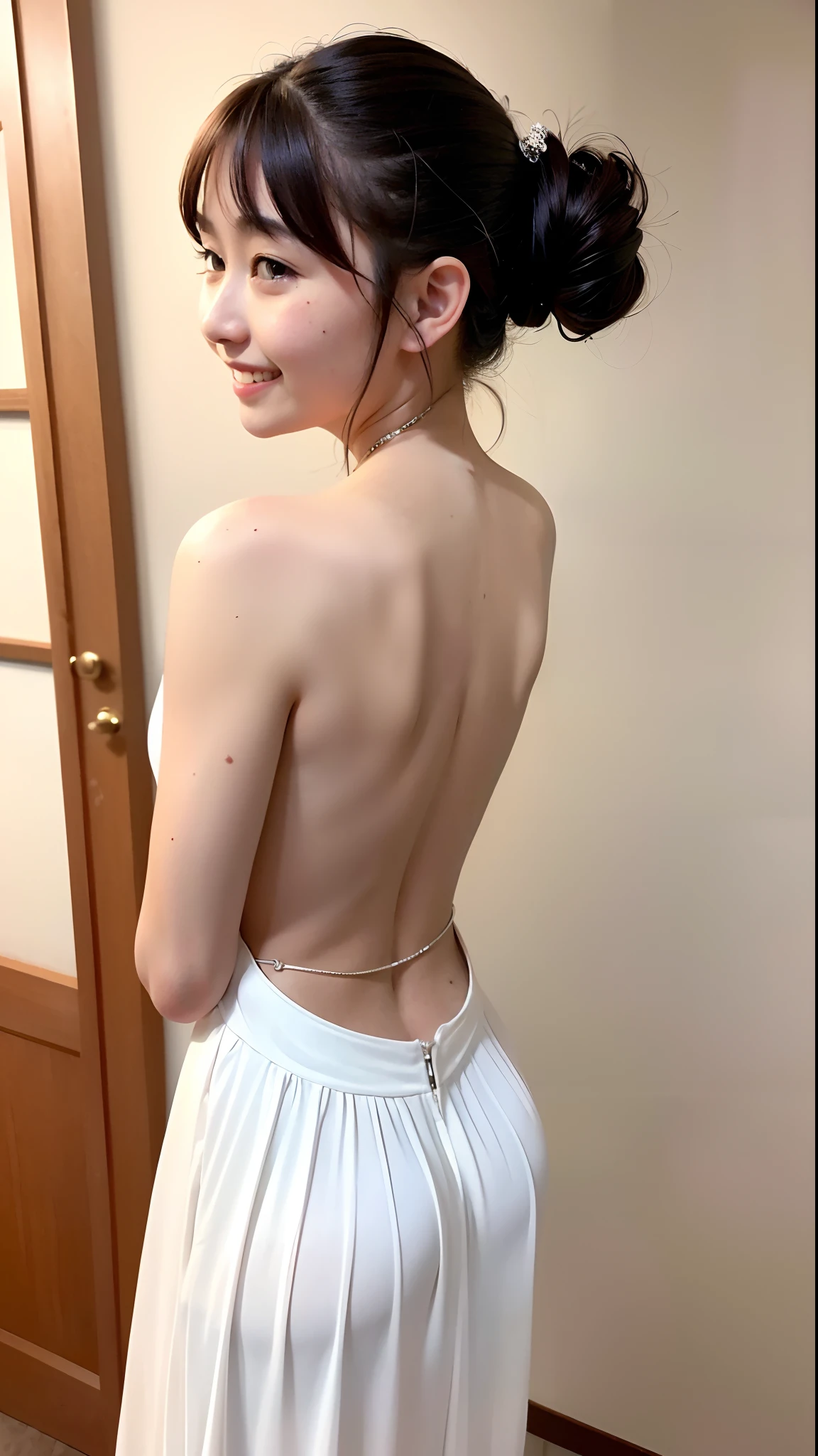 (Top Quality, 8k, 32k, Masterpiece, UHD: 1.2), 1 girl, beautiful Japan woman, thin waist, back figure, (beautiful nape), hairstyle, white long dress, 20 years old, cinematic light, (smiling pose: 1.2), (smiling at whoever you like),