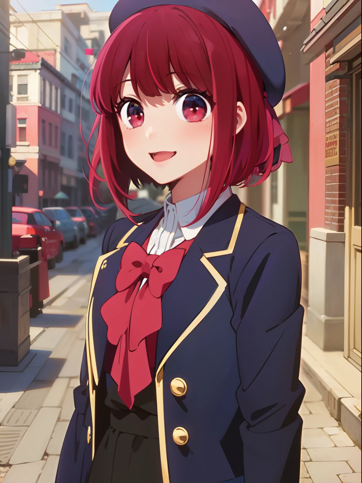 masterpiece、ighly detailed、(1 girl in:1.2)、Red hair、Plain clothe、big eye、a closeup、A smile、8K、short-hair、beret、(((anime styled)))、Shining eyes、Open your mouth