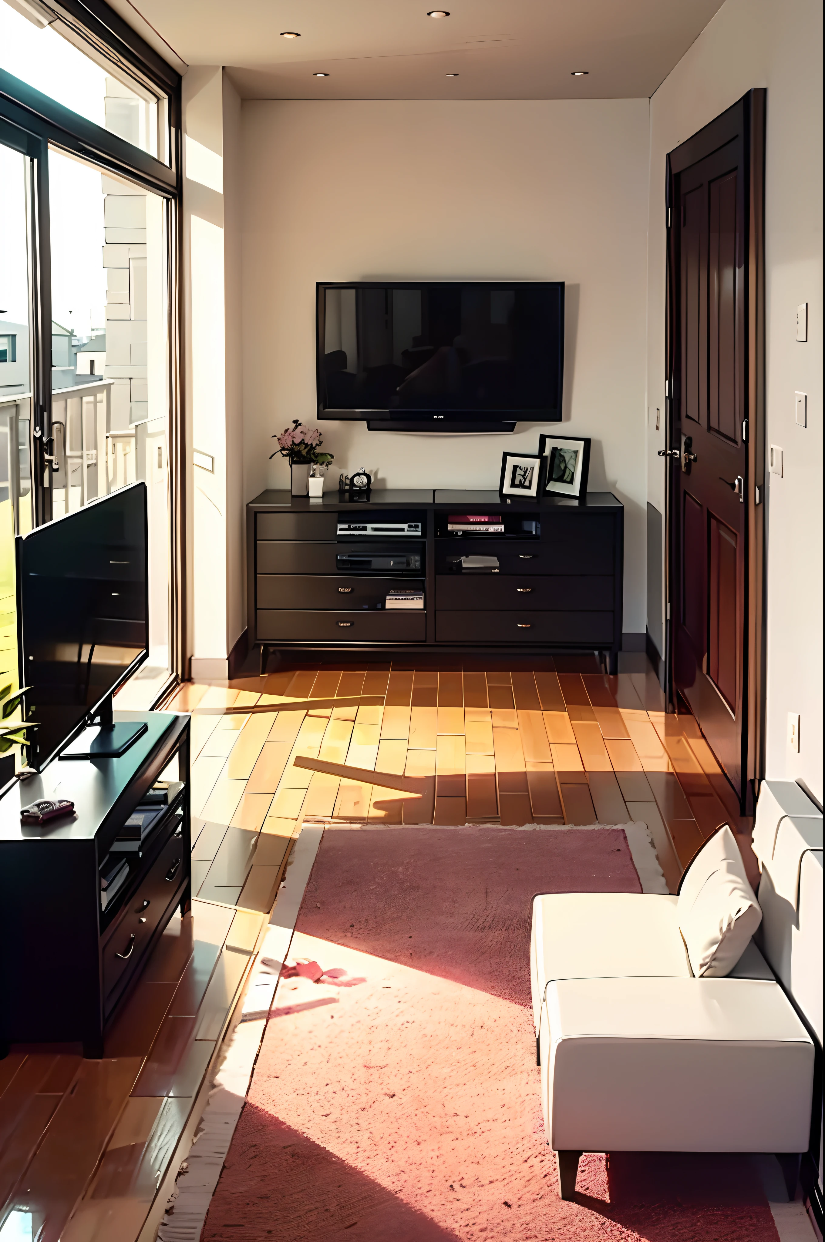 living room, room, pink carpet, tv, white furniture, black door, window,
