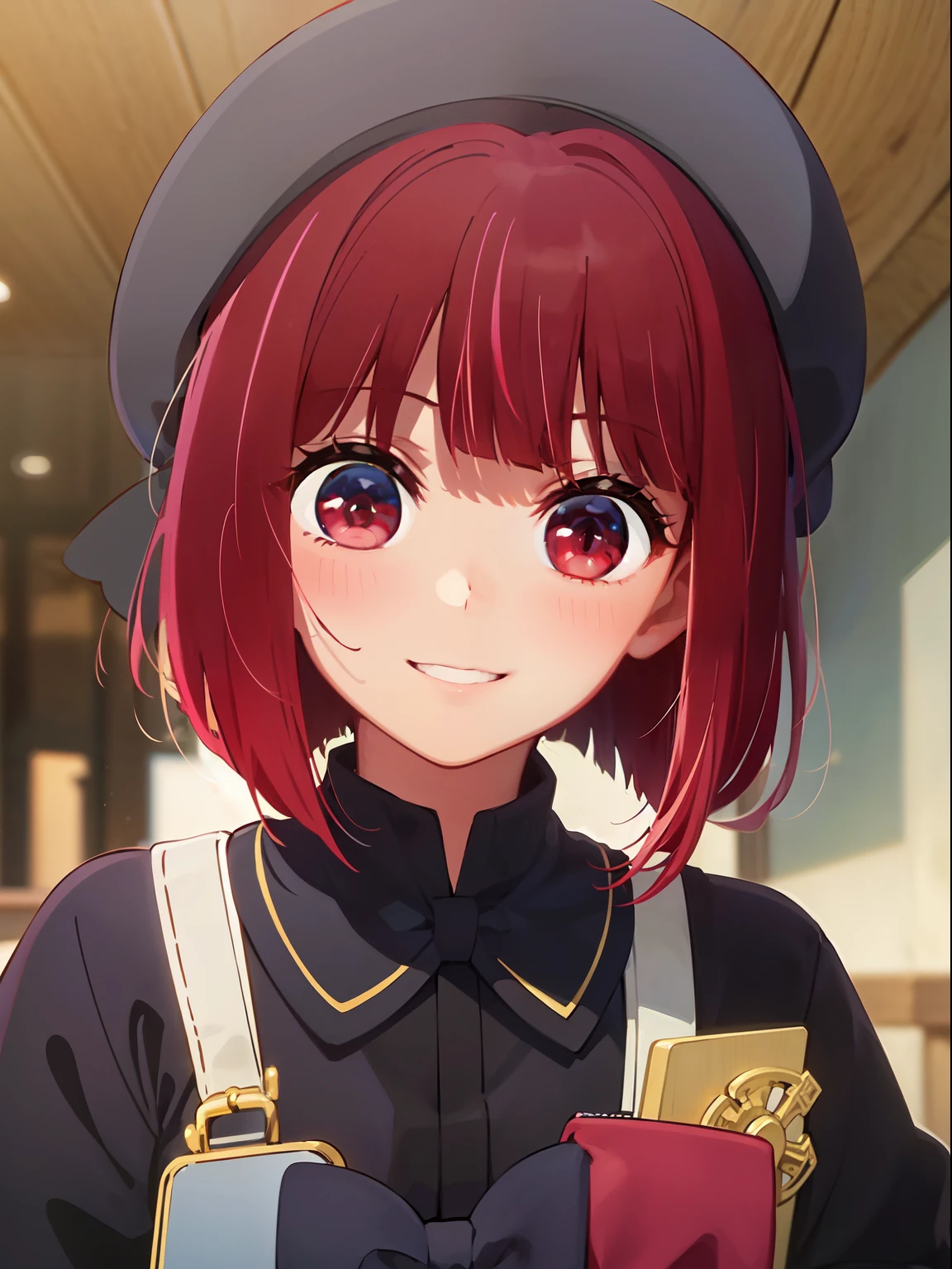 masterpiece、ighly detailed、(1 girl in:1.2)、Red hair、Plain clothe、big eye、a closeup、A smile、8K、short-hair、beret、(((anime styled)))、Shining eyes、Open your mouth