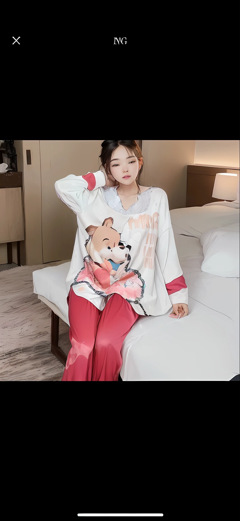 there is a woman sitting on a bed wearing a winnie the pooh shirt, sleepwear, disney artist, p. j. n, wearing pajamas, wearing white pajamas, wearing a baggy pajamas, high quality material bssrdf, satin, 2 0 2 0 fashion, 19xx, disney disney, disney character, sitting on the bed