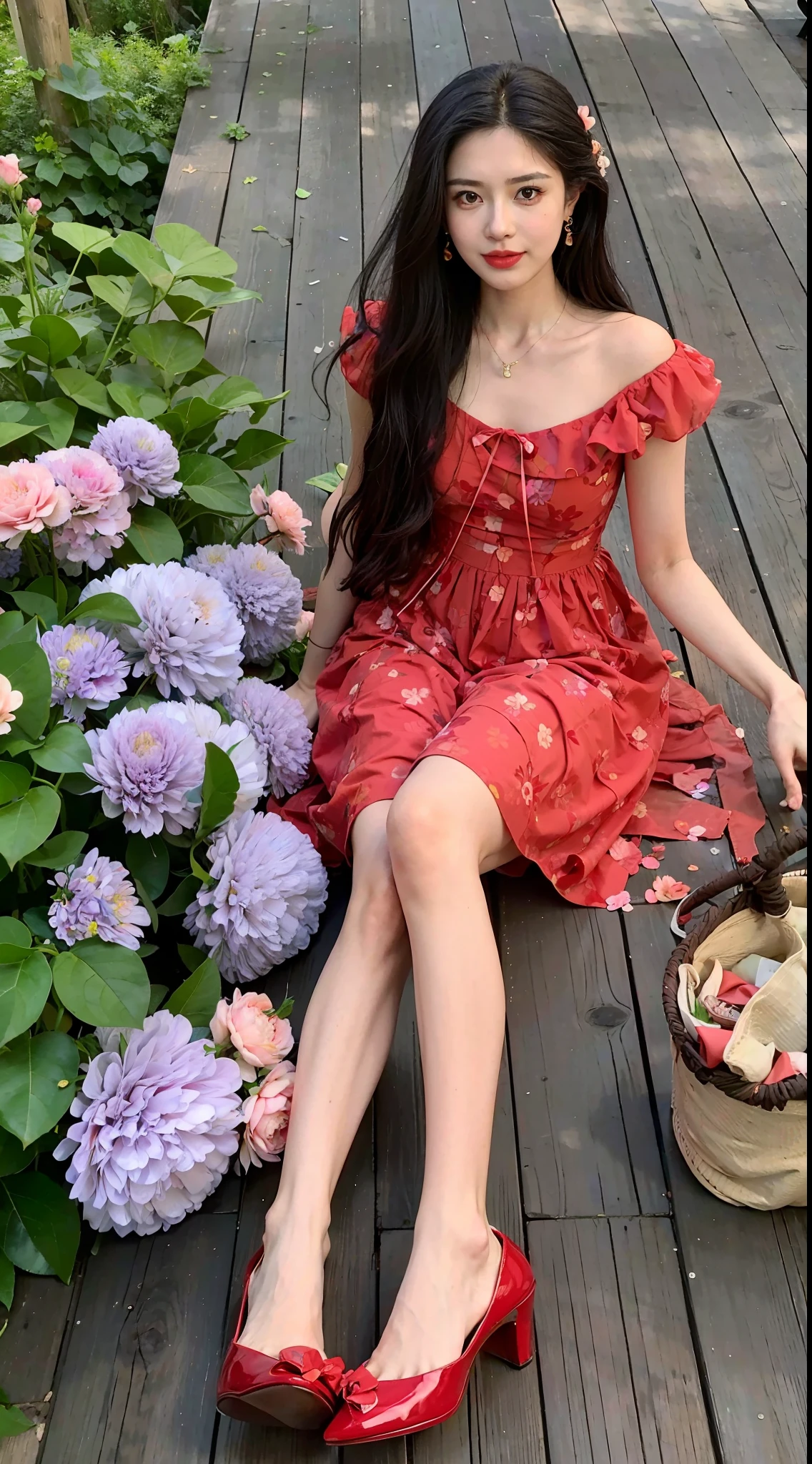 Alafi sat on the wooden deck，Holding a basket of teddy bears, Red floral dress, Romantic dress, wearing a red sundress, girl wears a red dress, wearing in a summer dress, floating dress, lady with glowing flowers dress, beautiful aesthetic, 🤬 🤮 💕 🎀, floral art novuea dress, Wearing a red dress, Tumblr