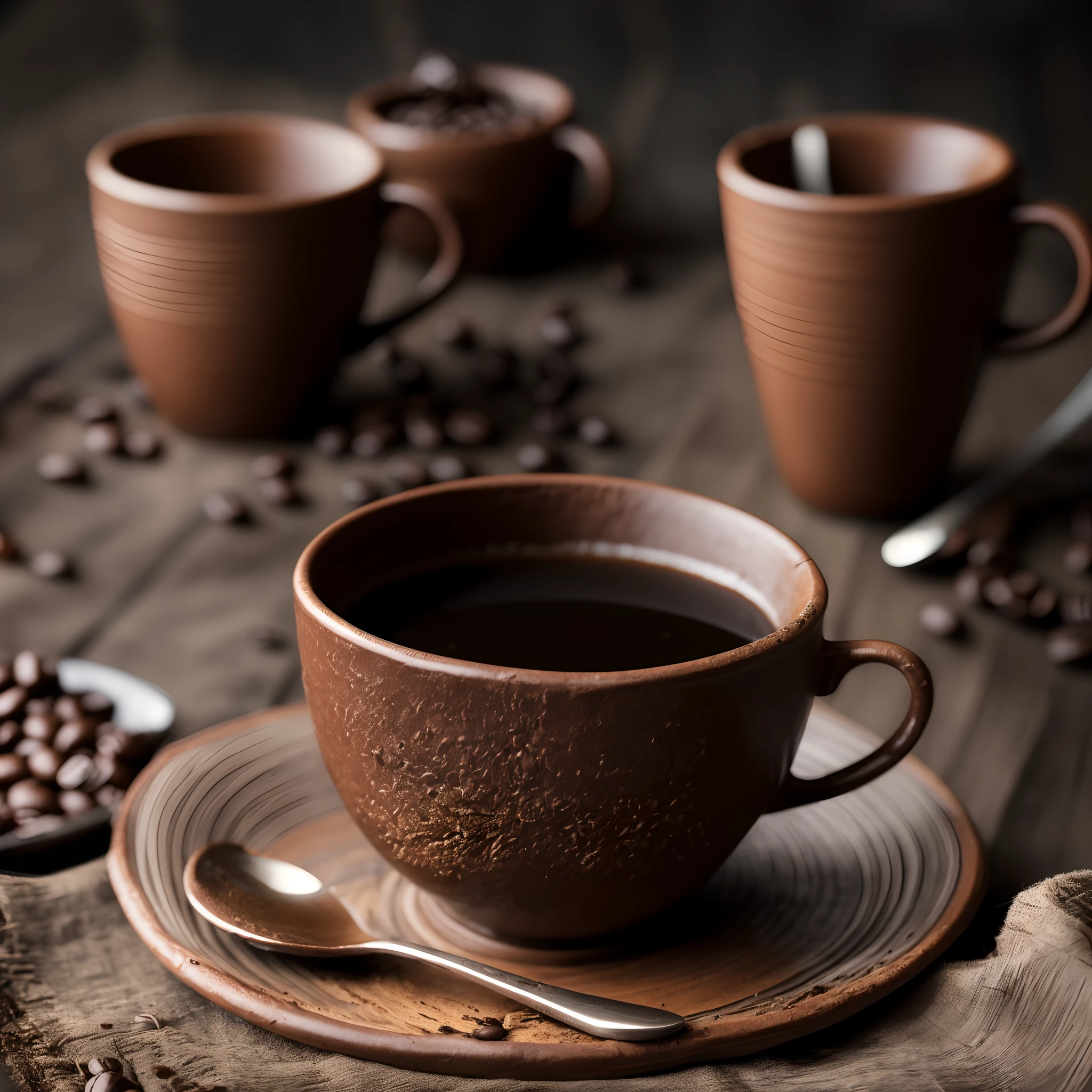 roasted coffee and beans spread over on a cloth with a cup of clay coffee, thin smoke, photographed with a 35mm HDR ultra realistic macro camera