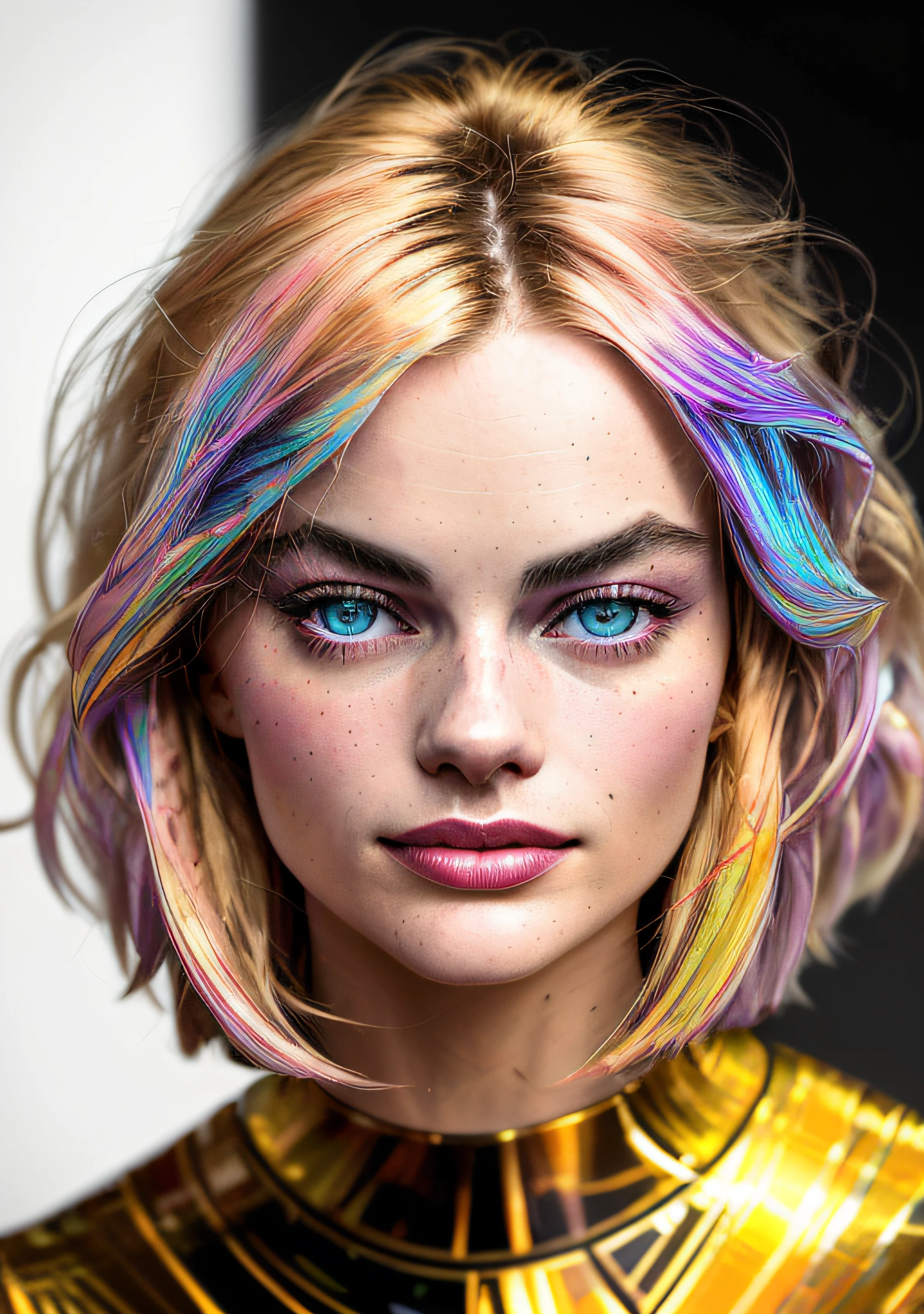 Margot Robbie beautiful woman, shoulder length messy hair, rainbow an gold pvc catsuit, happy, Full body, Beautiful anime waifu style girl, hyperdetailed painting, luminism, art by Carne Griffiths and Wadim Kashin concept art, 4k resolution, fractal isometrics details bioluminescence , 3d render, octane render, intricately detailed , cinematic, trending on artstation Isometric Centered hyperrealistic cover photo awesome full color, hand drawn , gritty, realistic mucha , intricate, hit definition , cinematic,Rough sketch, bold lines, on paper, Low Angle Shot Pewter lighting, 50mm f/1.4 Hyperrealism --aspect 5:4 --s 750 --v 5.2