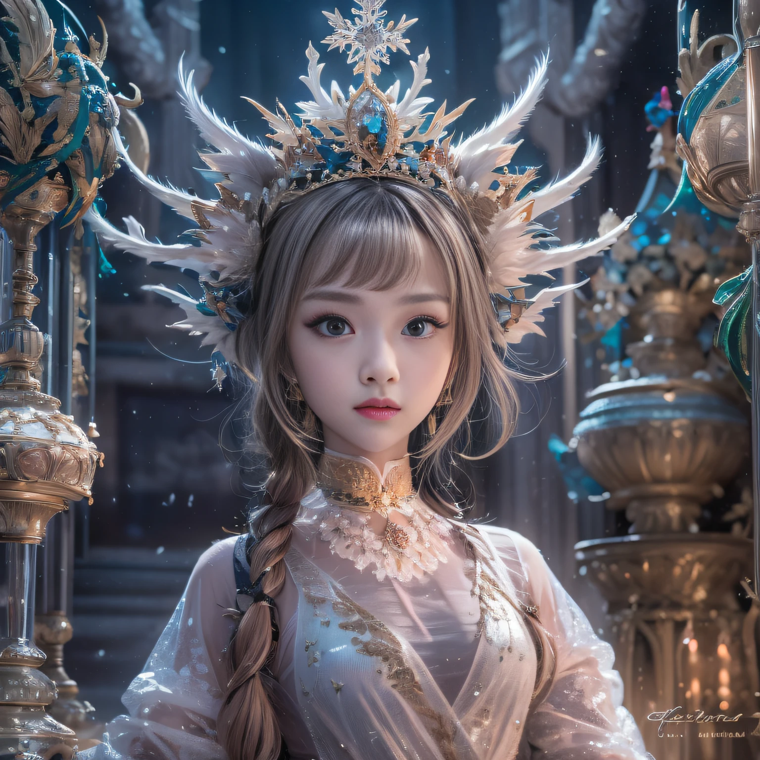 32K（tmasterpiece，k hd，hyper HD，16k）short detailed hair，Vintage train in the back room，Little Snow Girl ，Two ice dragon protectors （realisticlying：1.4），Python robe，Purple-pink tiara，Snowflakes fluttering，The background is pure， A high resolution， the detail， RAW photogr， Sharp Re， Nikon D850 Film Stock Photo by Jefferies Lee 4 Kodak Portra 400 Camera F1.6 shots, Rich colors, ultra-realistic vivid textures, Dramatic lighting, Unreal Engine Art Station Trend, cinestir 800，