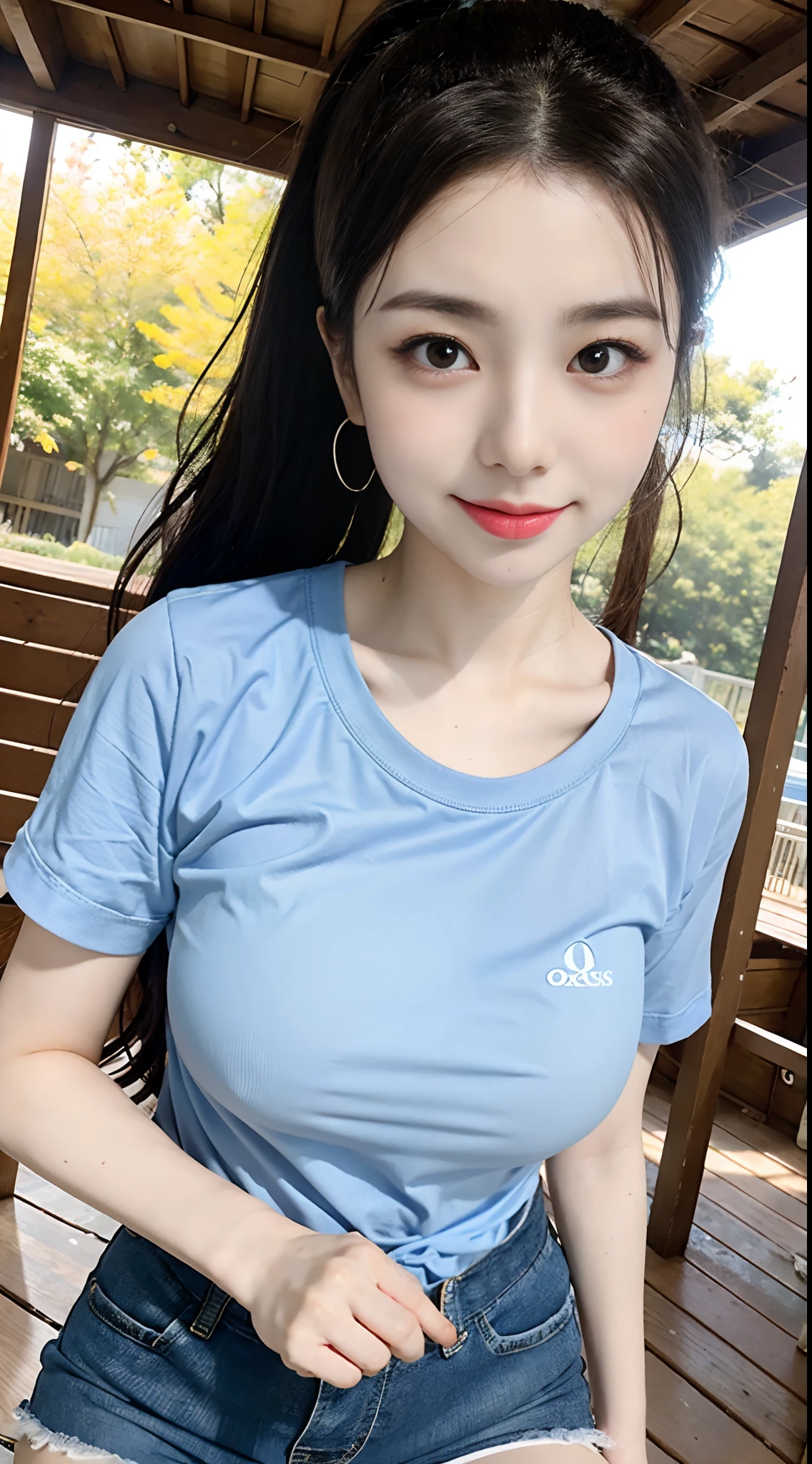 Girl On Playground After School((The are fully visible))、Away from the audience。She is beautiful、Clean and、cute little、cute little、年轻、I'm a teenager。She is slim and、slender and、Petite and、thins、(Colossal tits)、(Colossal tits)、(Colossal tits)。She sweats、Wet、It was soaked。、There is sweat on the skin、Hair is wet。She smiled。She looks natural, relaxed and unpretentious。Conspiracy Face。Make faces。(sticking out his tongue)、Telling Secrets、covert、Shyness、Hides excitement。She stared at the audience。She wears a black ponytail。She wears a uniform、white shirt、Blue shorts、And wore two layers。shirts lift、。The camera focuses on her face、light shining on her face、Very large aperture、((F / 1.2))、Shallow depth of field、strong blur in background lens、ISO 3000、auto white balance、ighly detailed、profetional lighting、Soft light、Raw foto、UNIQLO Fashion Model、top-quality、masterpiece、awardwinning photo、huge filesize、8K、hight resolution、shot on Sony DSLR。、tshirts