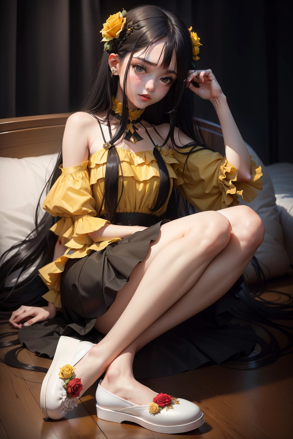 Girl with long black hair wearing yellow rose dress with white slippers