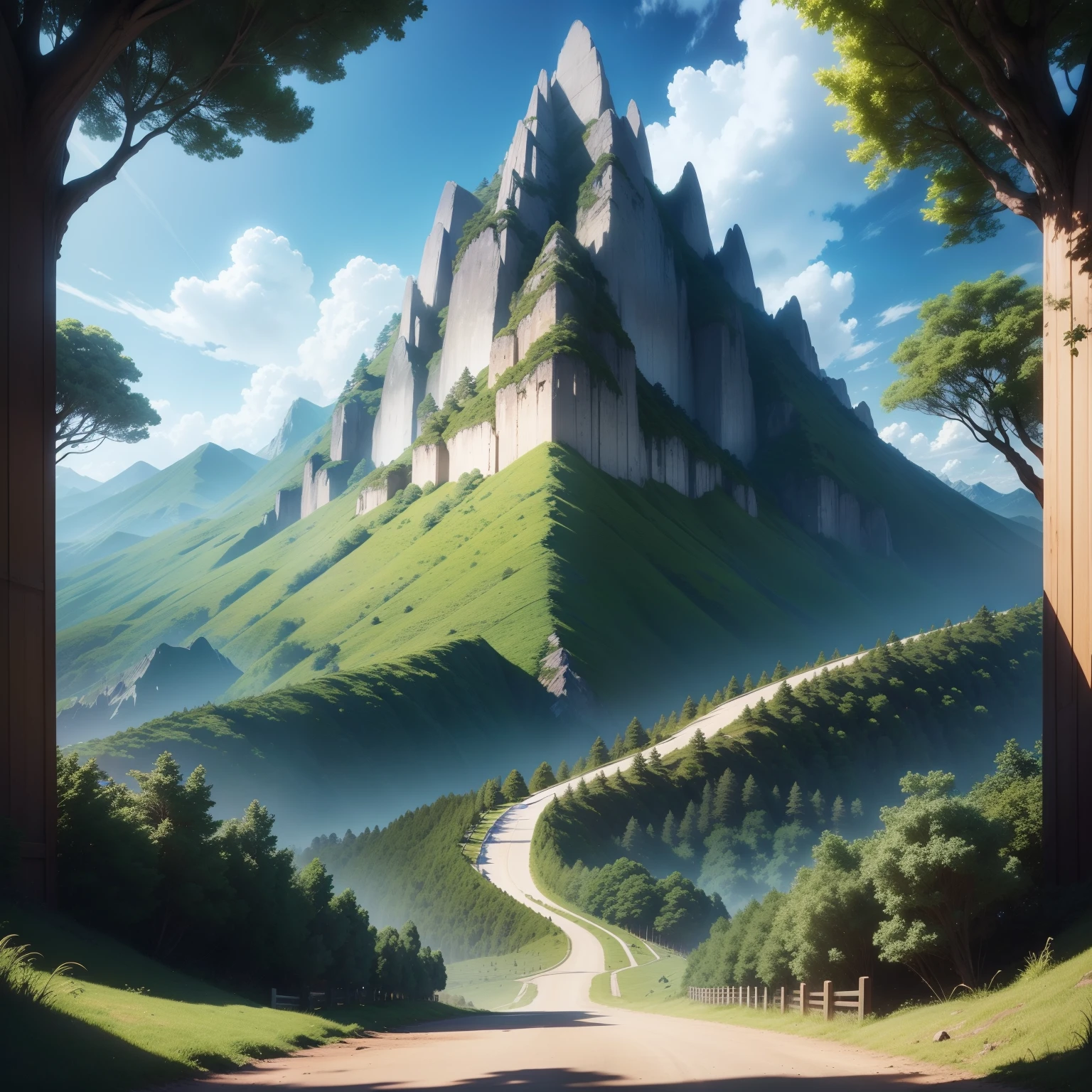 3d anime、A picture looking up at a mountain that fills the screen from a human perspective、Trees on the mountain slopes々There is、There is a path。