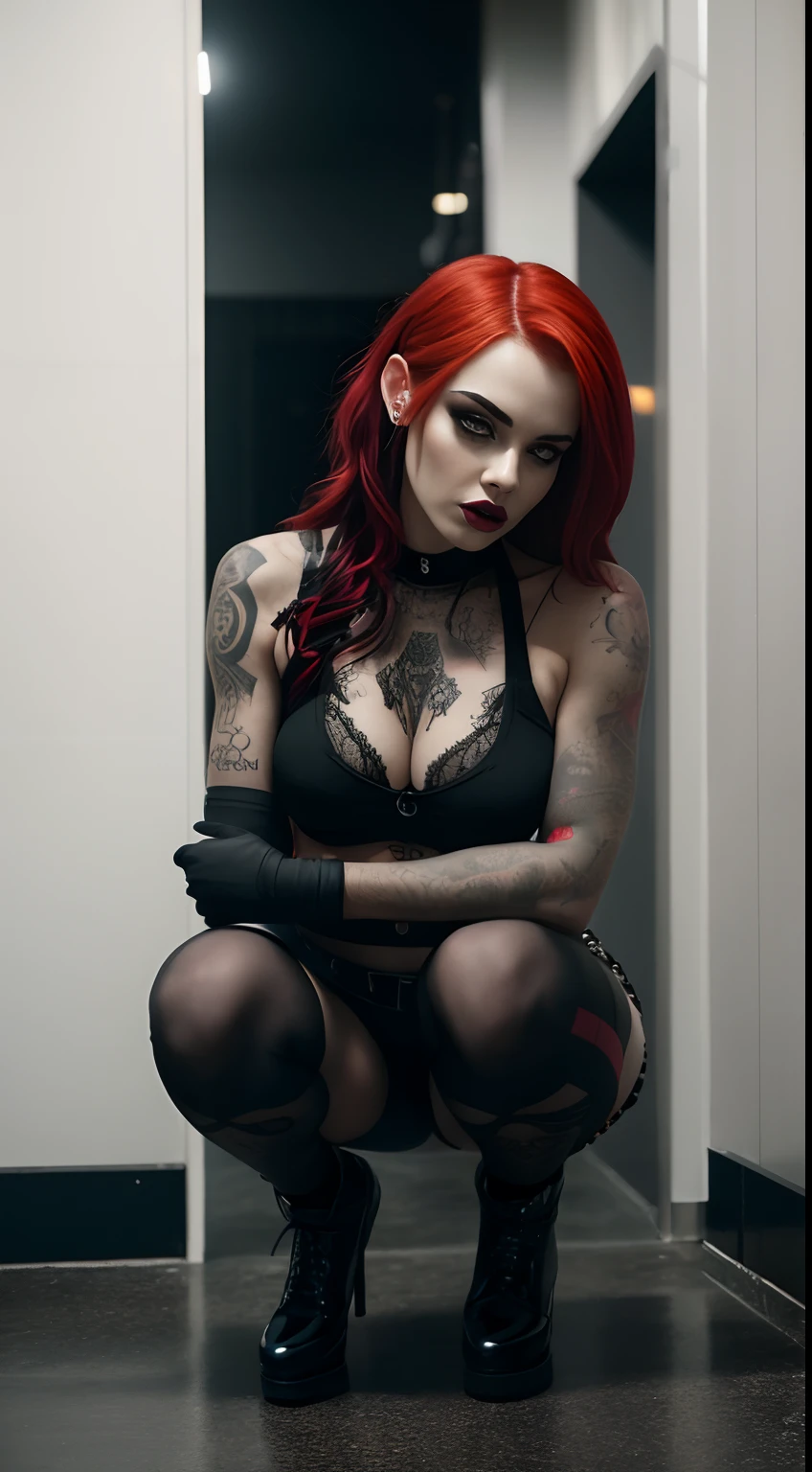 woman with red hair and tattoos posing in a bathroom, squatting, legs spread, sensual pose, gothic horror vibes, gothcore, goth girl, goth aesthetic, goth girl aesthetic, gothic aesthetic, dressed in crustpunk clothing, very beautiful goth top model, 1 7 -  - old h girl, goth asthetics, goth vibe, pale goth beauty, goth woman, gothic girl,((slim, petite)), photorealistic, photo, masterpiece, realistic, realism, photorealism, high contrast, photorealistic digital art trending on Artstation 8k HD high definition detailed realistic, detailed, skin texture, hyper detailed, realistic skin texture, armature, best quality, ultra high res, (photorealistic:1.4),, high resolution, detailed, raw photo, sharp re, by lee jeffries nikon d850 film stock photograph 4 kodak portra 400 camera f1.6 lens rich colors hyper realistic lifelike texture dramatic lighting unrealengine trending on artstation cinestill 800,