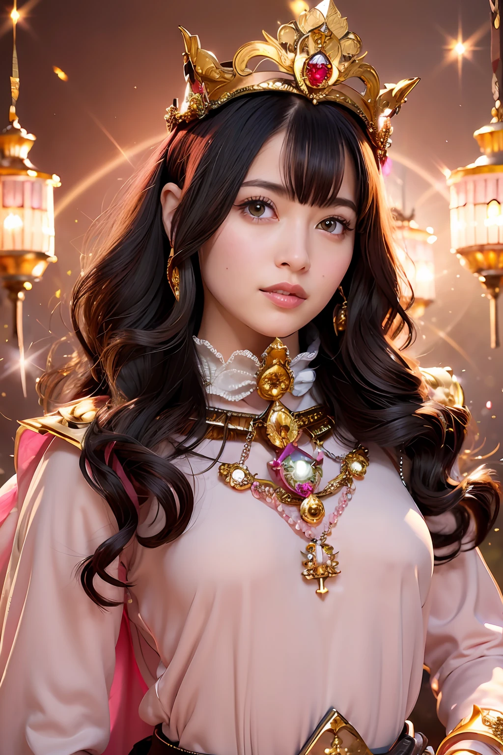 (masutepiece), Professional , masterpiece、top-quality、photos realistic , depth of fields (Gemstone Silver Metal Body:1.9),(Matte Pink、Particles of light、Jewel Gold Weapon(Jewel Metal Body:1.4),Gorgeous metal weapons , Detailed Sword of the Brave , Beautiful knife ,warhammer 40k , adepta sororitas,Detail and ornate jewel crown、Particles of light、Black hair、Gangle's forest background、Beautiful Caucasian beauty、1a person、dynamic ungle,(((Detailed and ornate diamond crown)))、Particles of light、Smaller head、A smile、Take a sexy pose、Background inside the castle、