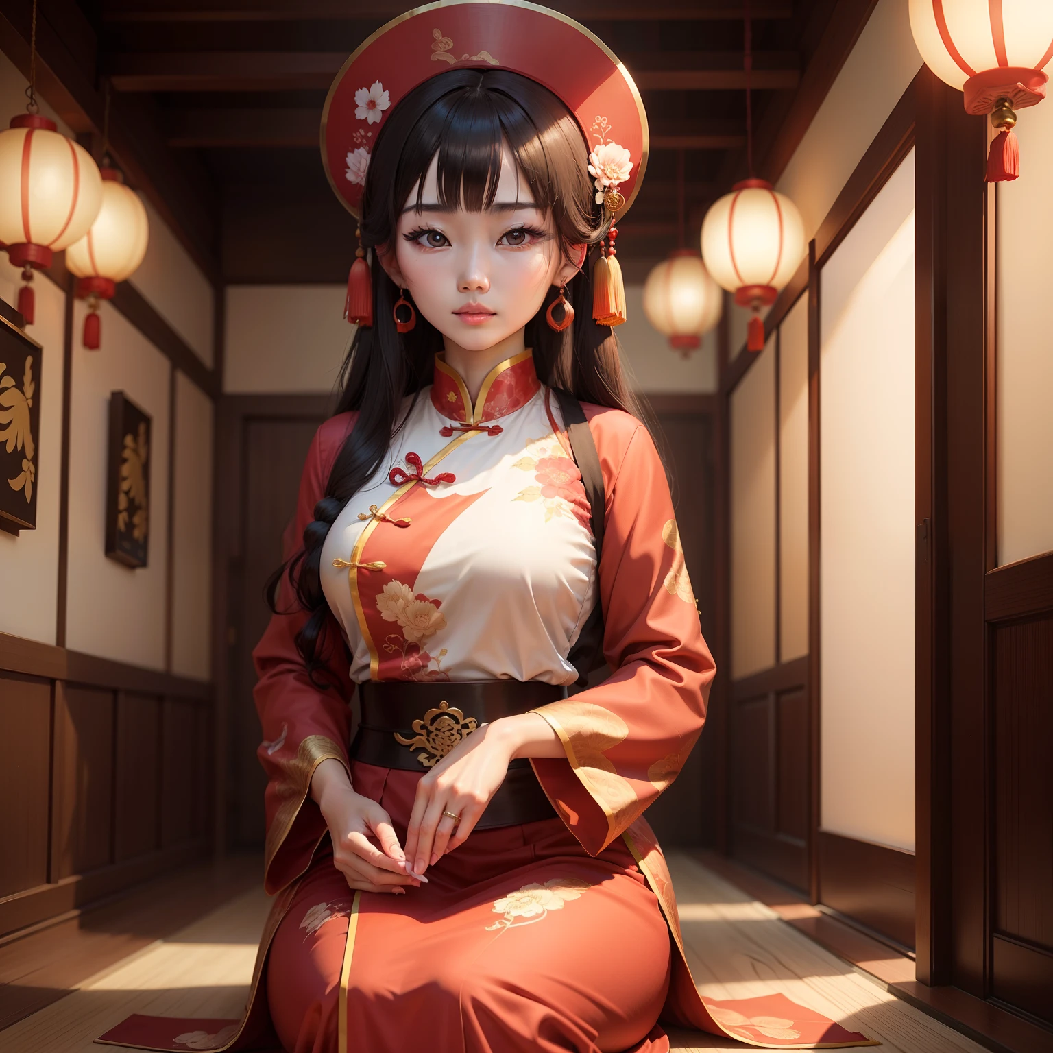 A chinese woman in traditional attire in anime style