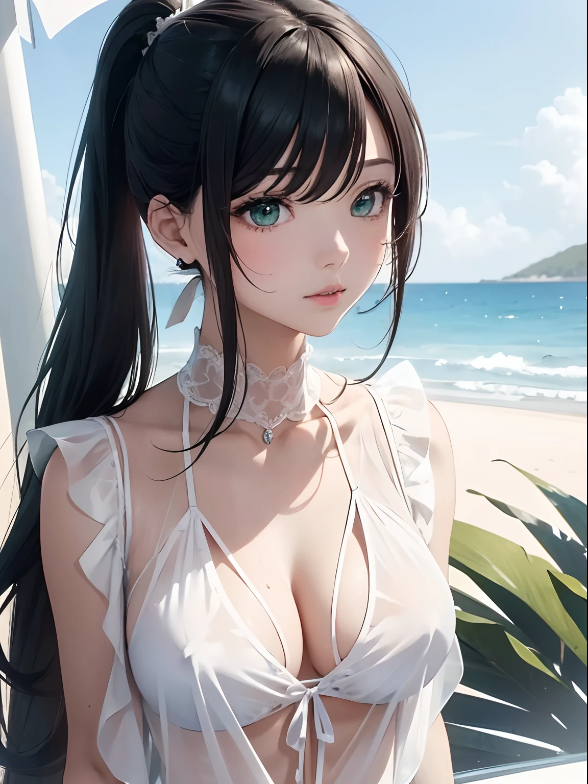 NFSW, 1 Lady,  Face, (((1 Lady:1.37, Solo))), (((Close-up of face))), (Beautiful face, Cute face, Detailed face), ((( Black hair, Semi-long hair, Hair pulled back, poneyTail))), (((Detailed beautiful green eyes))), BREAK, (((Sunny))), (((in beach))), (((White sheer blouse, Microblouse, Sleeveless, Breasts wide open))), BREAK, extremely detailed CG unified 8k wallpaper, very fine 8KCG wallpaper, foco nítido, anime moe art style, Anime visuals of cute girls, anime style portrait, In an anime style, Beautiful anime, 8K Anime Art Style, In anime style、8K animation with detailed drawings, (​masterpiece, Best Quality), High resolution, Ultra-detailed, ultra-sharp, Cinematic lighting