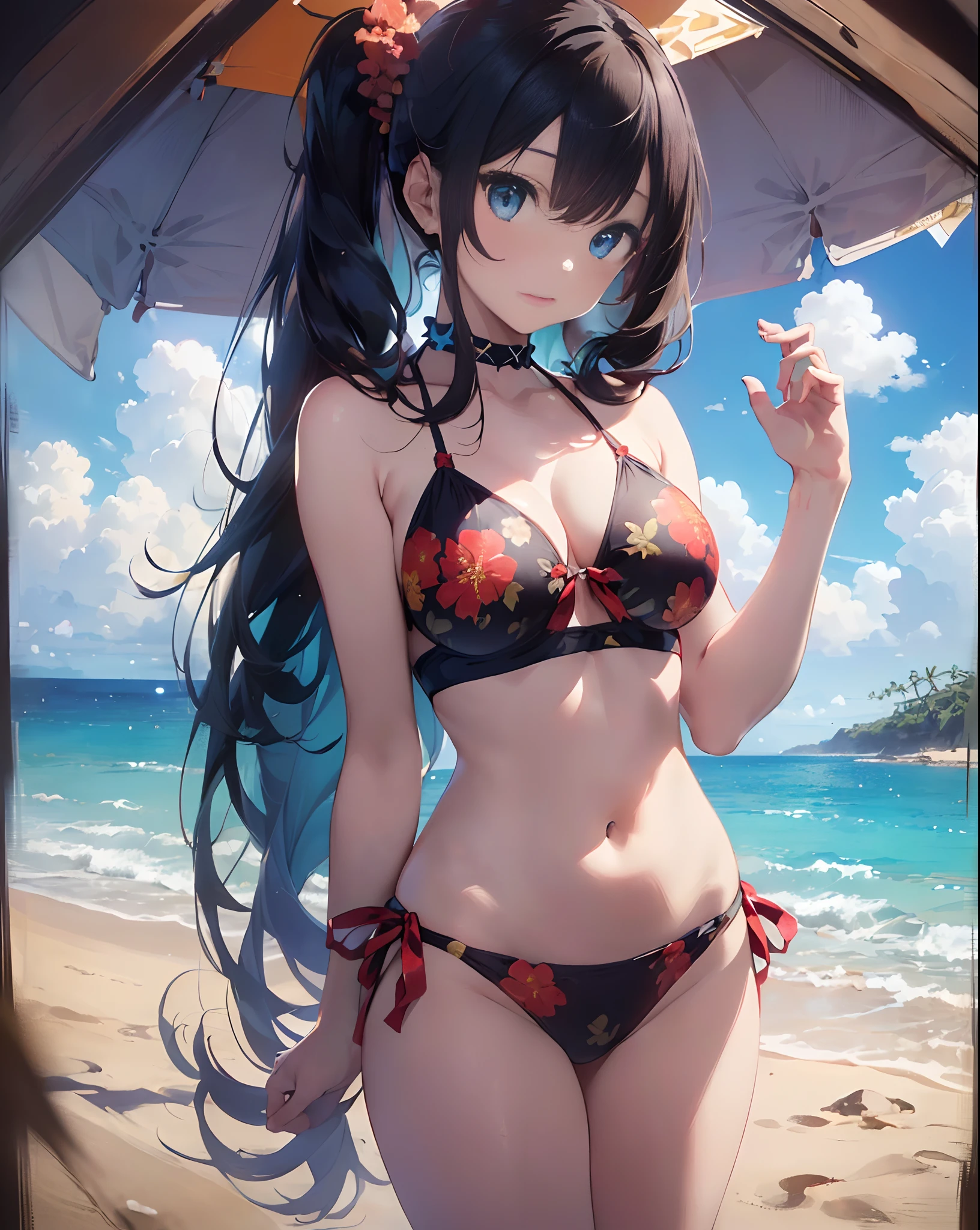 ((masterpiece))、((top-quality)、(Super Detail)、in 8K、Delicate depictions are filmed in anime style。
(Very long hair、Dark hair、Bright blue eyes)18year old、(Full body:1.3)、Standing in the back、poneyTail、Clear, Beautiful eyes、Turned、Bikini with red floral pattern、Into the cloud、Dazzling sun、sand beach、