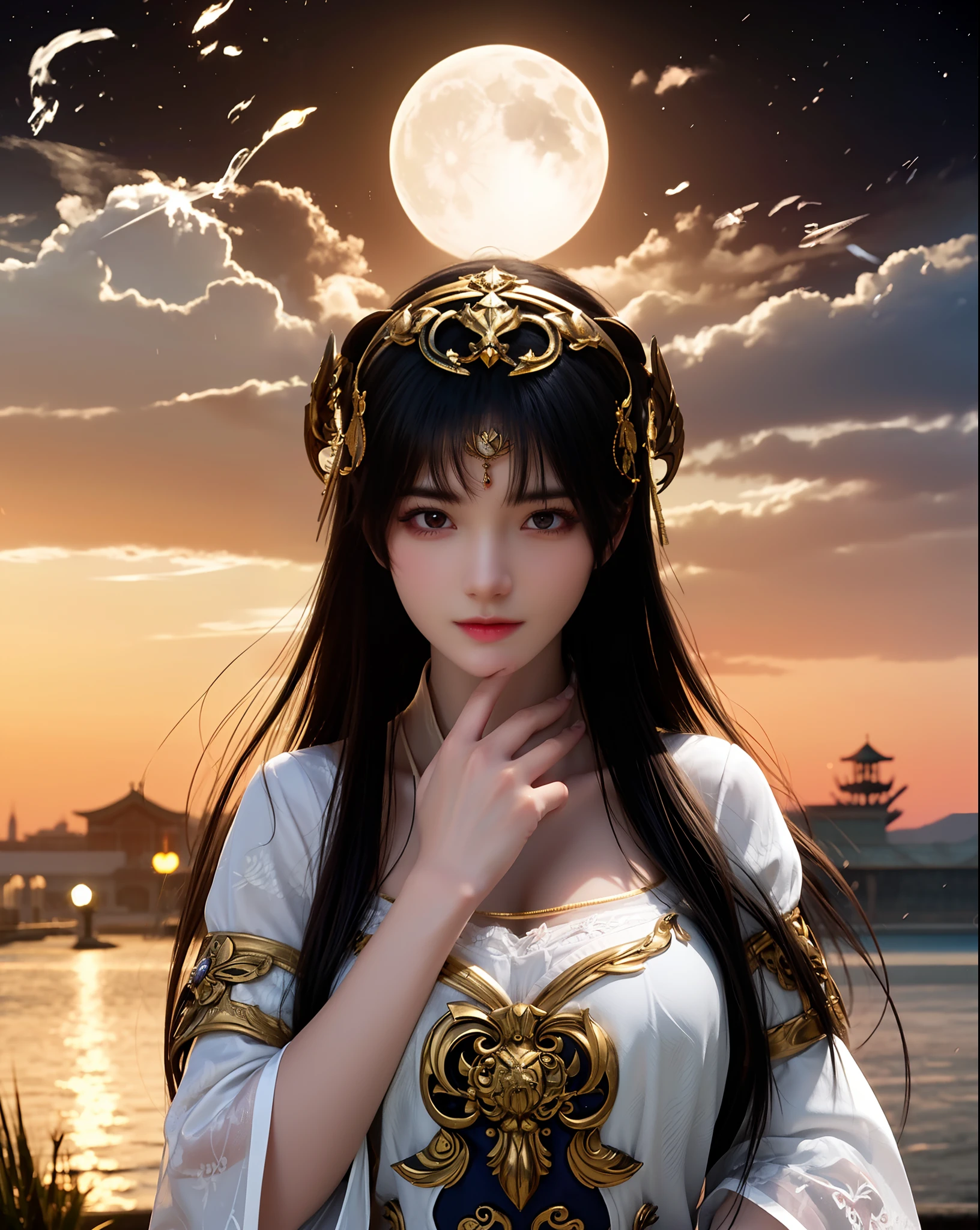 (8k, RAW photo: 1.2), top quality, ultra high resolution, dramatic angle, (fluttering detailed color splash), (illustration), (one girl))), (long hair), (rain: 0.9), (headdress: 1.4), there is an ancient palace next to the girl, Hanf, (emphasis), Color ink painting, (splash color), splash color, (((colorful))), (Sketch: 0.8), Masterpiece, Best Quality, Beautiful Paintwork, Very Detailed, (Denoise: 0.6), [Splash Ink], (Ink Refraction)), (Beautiful Detailed Sky), Moon, Very, Detail, (Masterpiece, Best Quality, Very Detailed) CG Unity 8k wallpaper, masterpiece, best quality, super detail), (garlic),