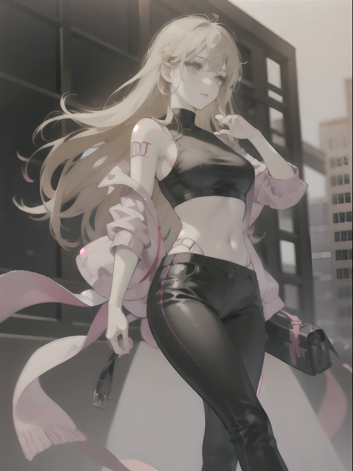one girls, hairlong, gray eyes, pale skin, Tall girl, slender physique, Sneakers bright, Black duffel bag, Stern face, straight hair, Background City, black tight pants, pink tight top, open belly, Dark tattoo on the upper abdomen, Top Pink, Dark brown hair, ombre on blonde hair, Skinny girl, Tattoo on breasts, open forehead
