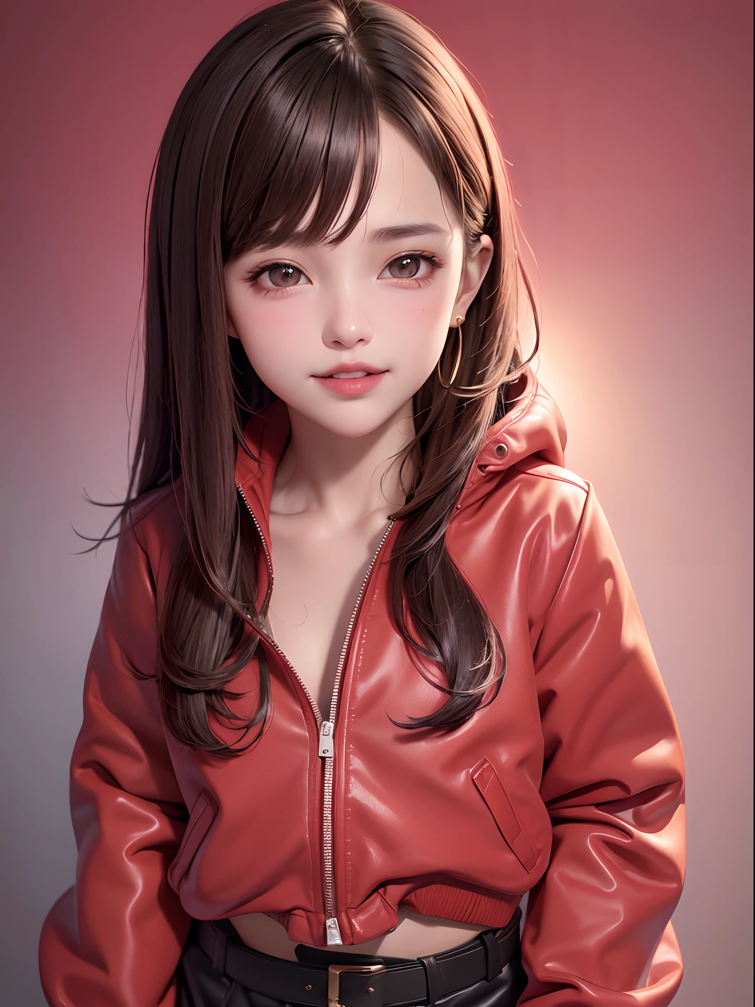 1girl, solo,underwaterbrown hair, brown eyes, parted lips, long sleeves, jacket, simple background, upper body, red background, looking at viewer, teeth, red jacket, lips, cosplay, full body, smile,motorbike