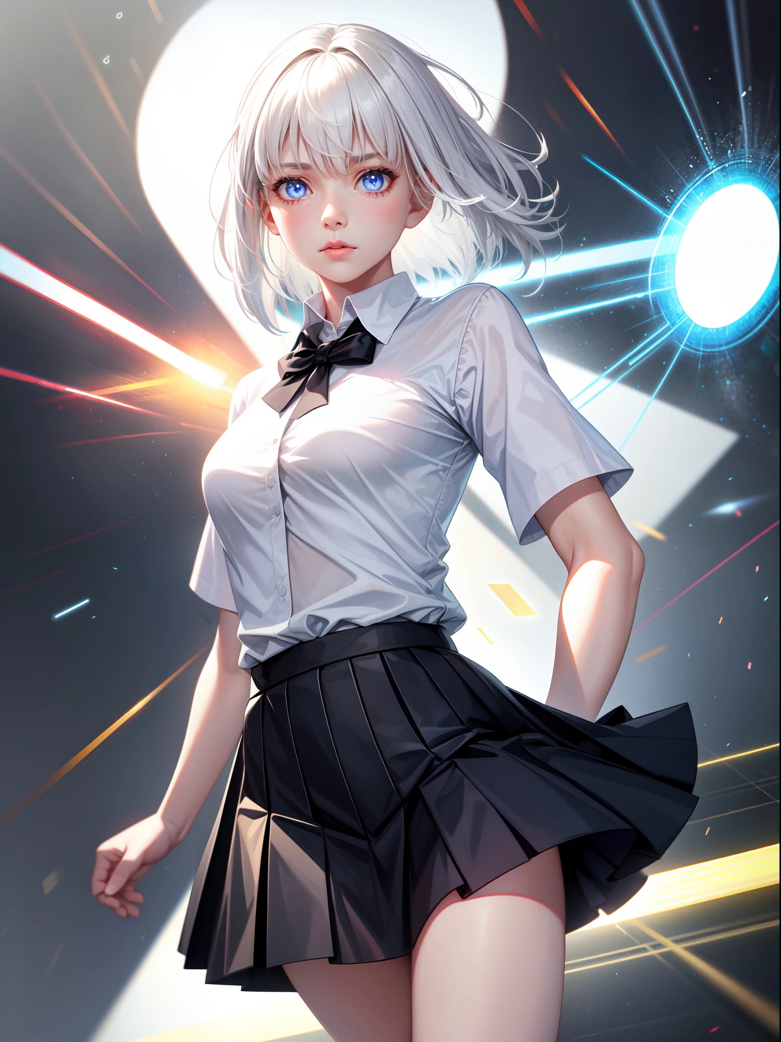 realisticlying，1girl，White hair，glowing light eyes，JK skirt，No shirt，parted lip