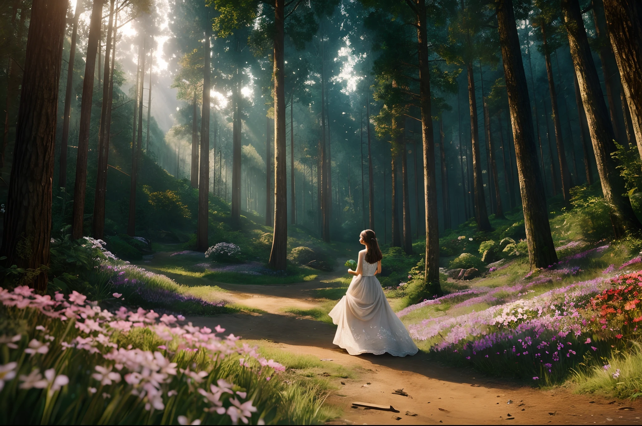 (Masterpiece: 1.2), (Best Quality), Detailed, UHD, Cinematic Lighting, Sharp Focus (Illustration: 1.1), Intricate, (Girl Picking Flowers: 2), On A Forest Slope, Big Trees Overgrown, The environment transmits tranquility
