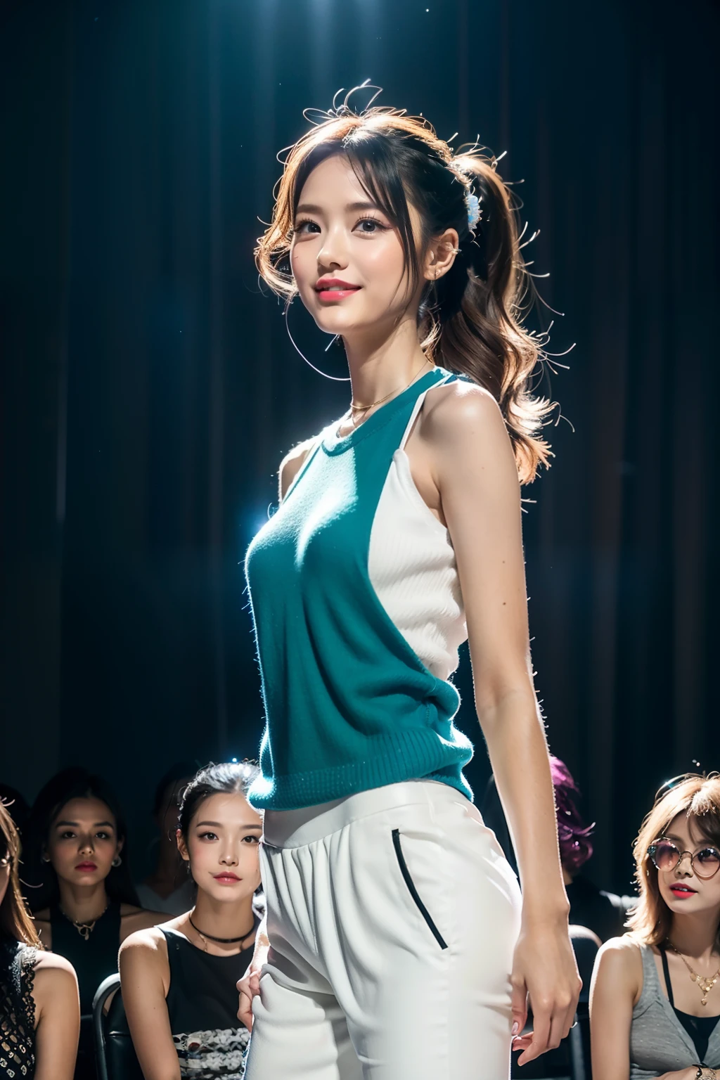 (8K分辨率,Full body photo in the distance,Photograph of the over-leg half,Realistic wallpapers),(1 female,18yr old,(Rina Fujii's facial features:1.6,Wide skeletal cheeks,s delicate face),com rosto detalhado,(Delicate Japanese makeup,Stage pop makeup),Lovely face,com rosto detalhado,详细的脸,Ultra-fine makeup,Black colored eyes,(Look into the distance),Long curly blonde hair,(By bangs,Tied up ponytail,messy hair,Messy has layers),Redlip,Fair smooth skin,(Best Skin Type:1.21),mediuml breasts,(Suspender off-the-shoulder short-sleeved shirt,(white colors,blobs),Fitness tights,(materpiece:terylene,Lycra cotton),Lunette de soleil,Fashion necklace,espadrilles),Tall and tall,The action of flying kisses,perfect hand,Ultra-fine clothing material),(Stage catwalk,Exquisite stage details,(Vista view of the catwalk,Outdoor catwalk,Tokyo fashion show,neonlight,There were a lot of spectators in the audience,Model on the catwalk)),(exhilarated,confident smile,Rejoice),(Various stage lighting assistance,profesional lighting,动态照明),((Color contrast,Reserved,ellegance,vivaciousness,(white colors,white colors,blue colors,in pink))),(Golden section,Cinema lenses,Dynamic shots,Hasselblad photograp,tmasterpiece:1.3),(adolable,rays of sunshine,vivaciousness,Petite and lovely,dream magical,Little woman,trendsetting,Street style,Artis,Art platform)