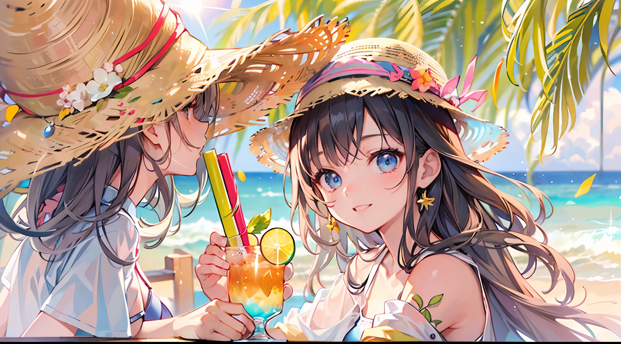 (Masterpiece, top quality, super detailed CG, ultra detailed beautiful face and eyes, super detailed, intricate details:1.2), 8k wallpapers, elaborate features,
(1 person, solo:1.4)perfect cartoon illustration,(1 person, solo:1.4)
(realistic textures:0.8), high res, cute, (vivid colors, dynamic lighting:1.0), (high contrast:0.8),
Perfect anime illustration, a girl standing on the beach, , her whole body is included in the illustration, very pretty face, big smile, long glossy black hair, clear white skin, bare legs, wearing a swimsuit with a lot of exposed skin, straw hat on her head, holding a drink in one hand and offering it to me, The sun is shining brightly, the place is by the waves on the beach where you can go swimming, the time is noon, a fresh breeze is blowing, there are sparse other people.