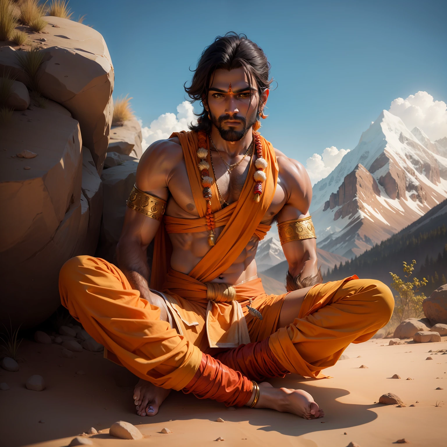 Sri Ram wearing orange dhoti dhanush vaan in mountain realistic photography
