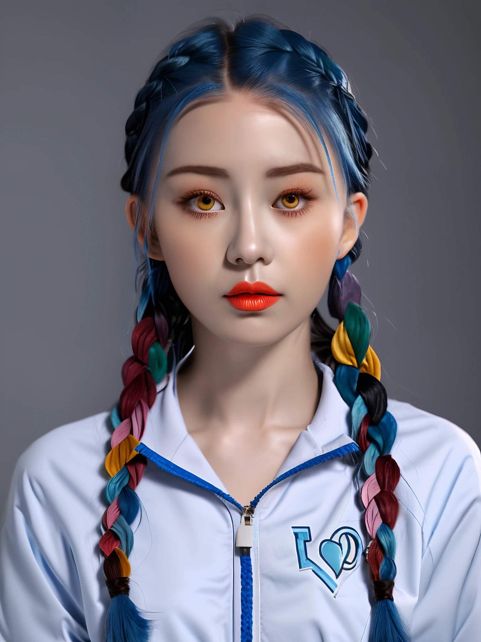 Close up of a woman with blue hair and white jacket, colorful pigtail, two long braids blue, two blue braids, braid hairstyle, long braided blue hair, Blue braided hair, blue hairs，Two long braids, Double long braid blue, double very long braids blue, Twin tail hairstyle, portrait of female korean idol, two pigtails hairstyle, Korean girl