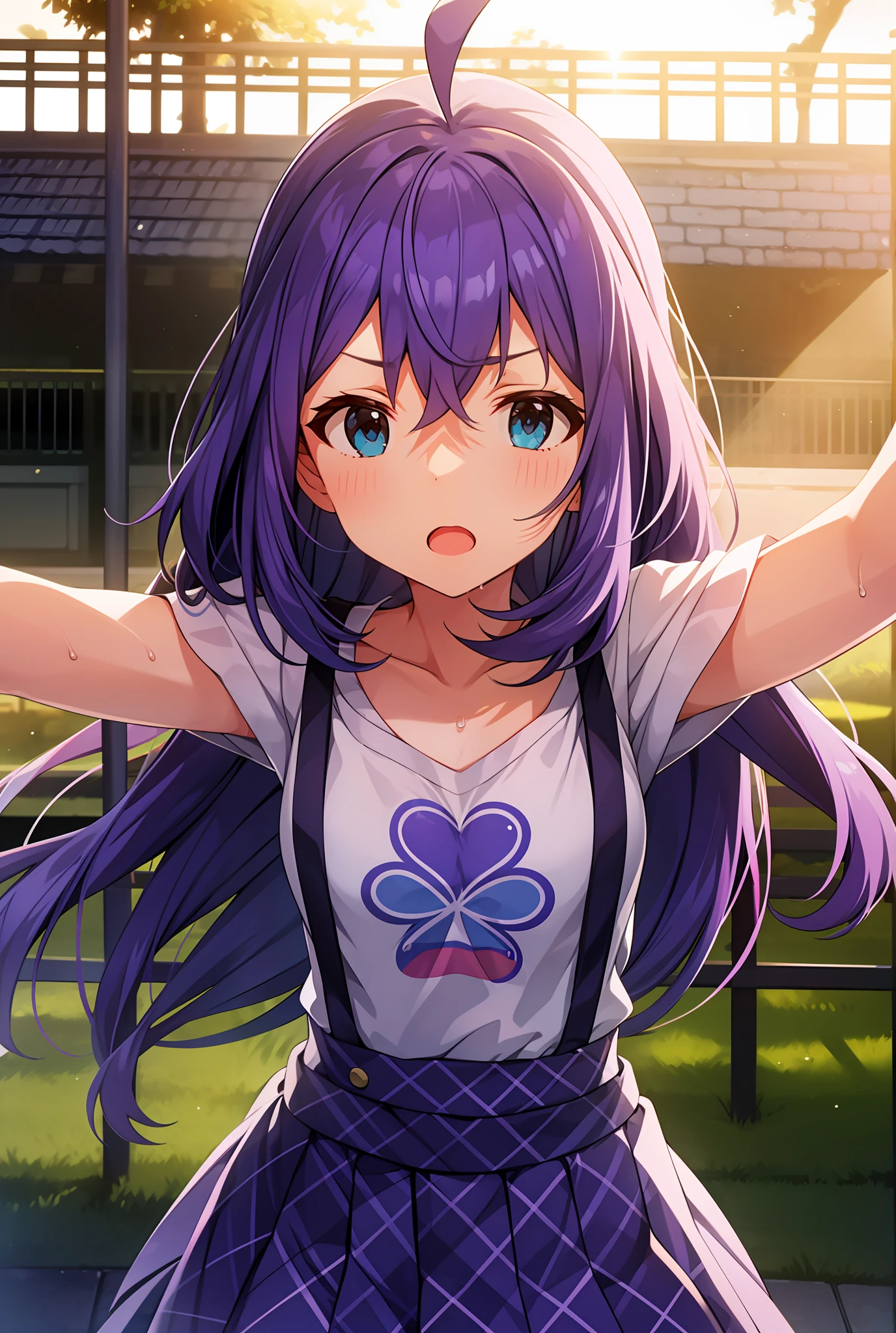 mochizuki anna,1girl in,Solo,Long hair,Purple hair,Medium chest.Ahoge,Blue eyes.Short stature.white t-shirts.suspenders.Skirt.Evening glow.the setting sun.Despair face.Sweat.Opening Mouth.up chest.Spread your arms