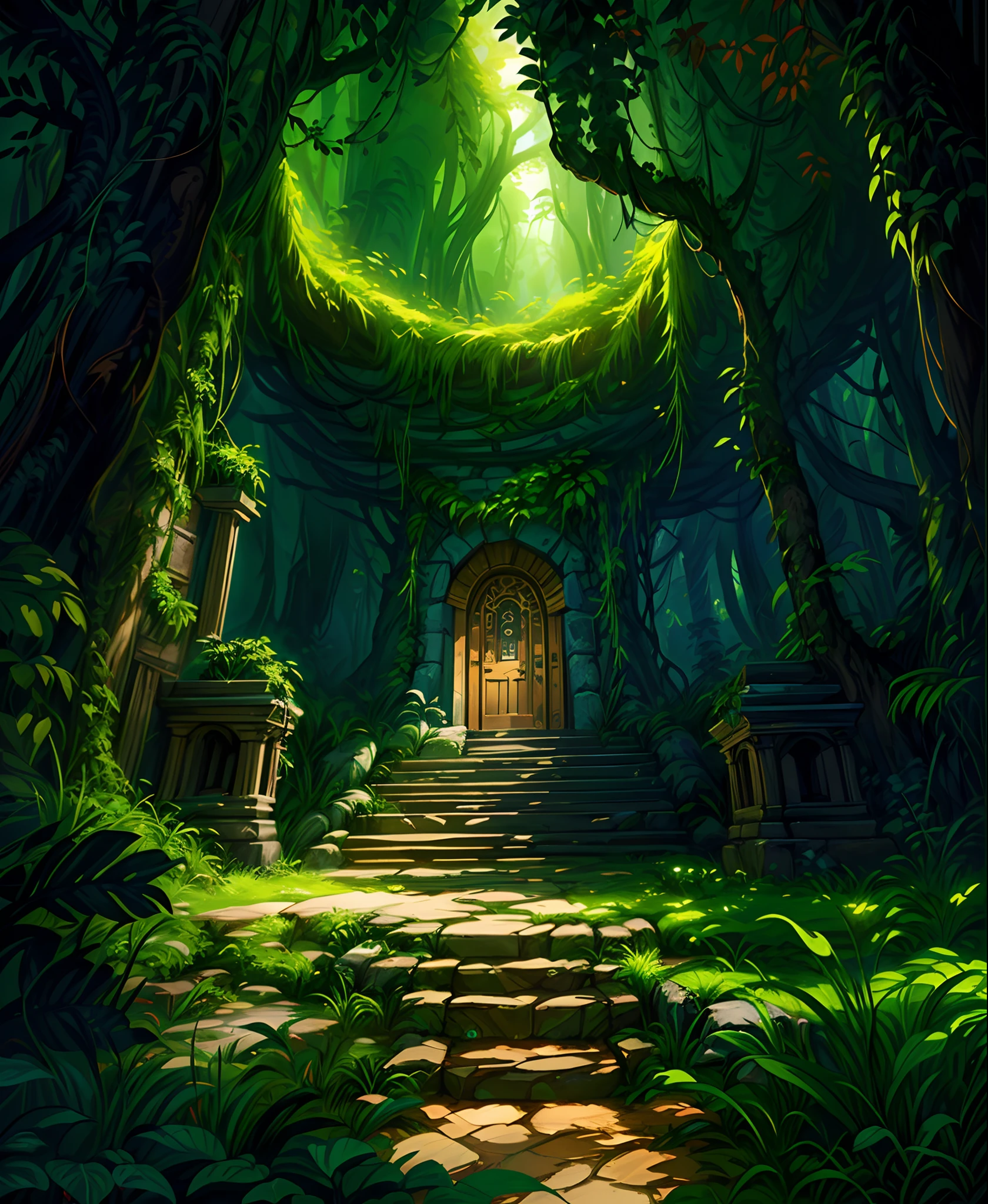 a close up of a doorway in a jungle with a staircase, secret overgrown temple, ancient magical overgrown ruins, art nouveau jungle environment, background art, anime background art, ancient ruins in the forest, painted as a game concept art, jungle background with ruins, environment design illustration, deep jungle from another world, magical fantasy 2 d concept art, mysterious temple setting