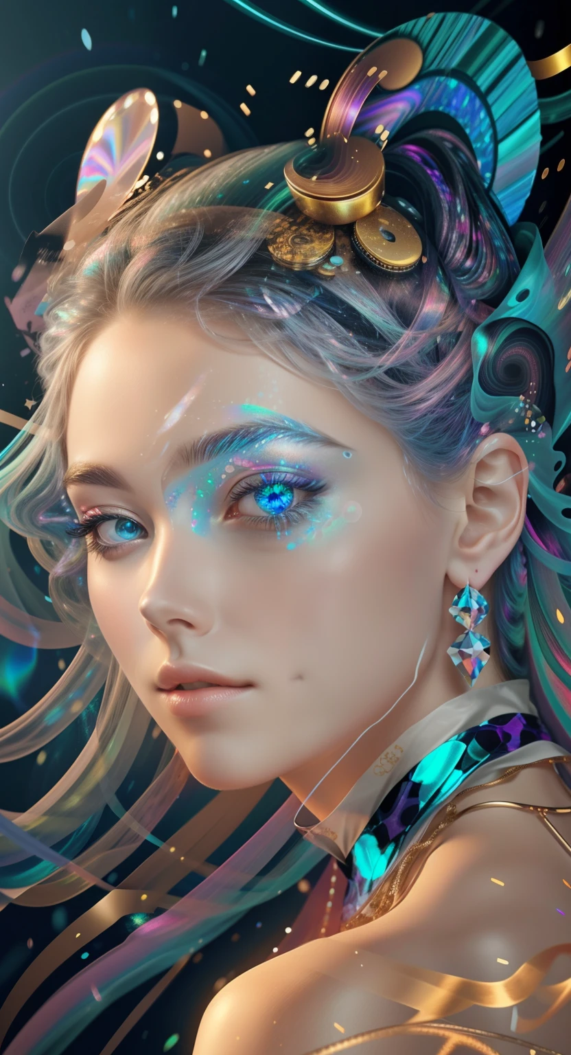 Mesmerizing Holographic face materials shimmer in motion, Photography in the style of Rankin —s 200 —w 6 —ar 4:5 —chaos 10 —version 5.2