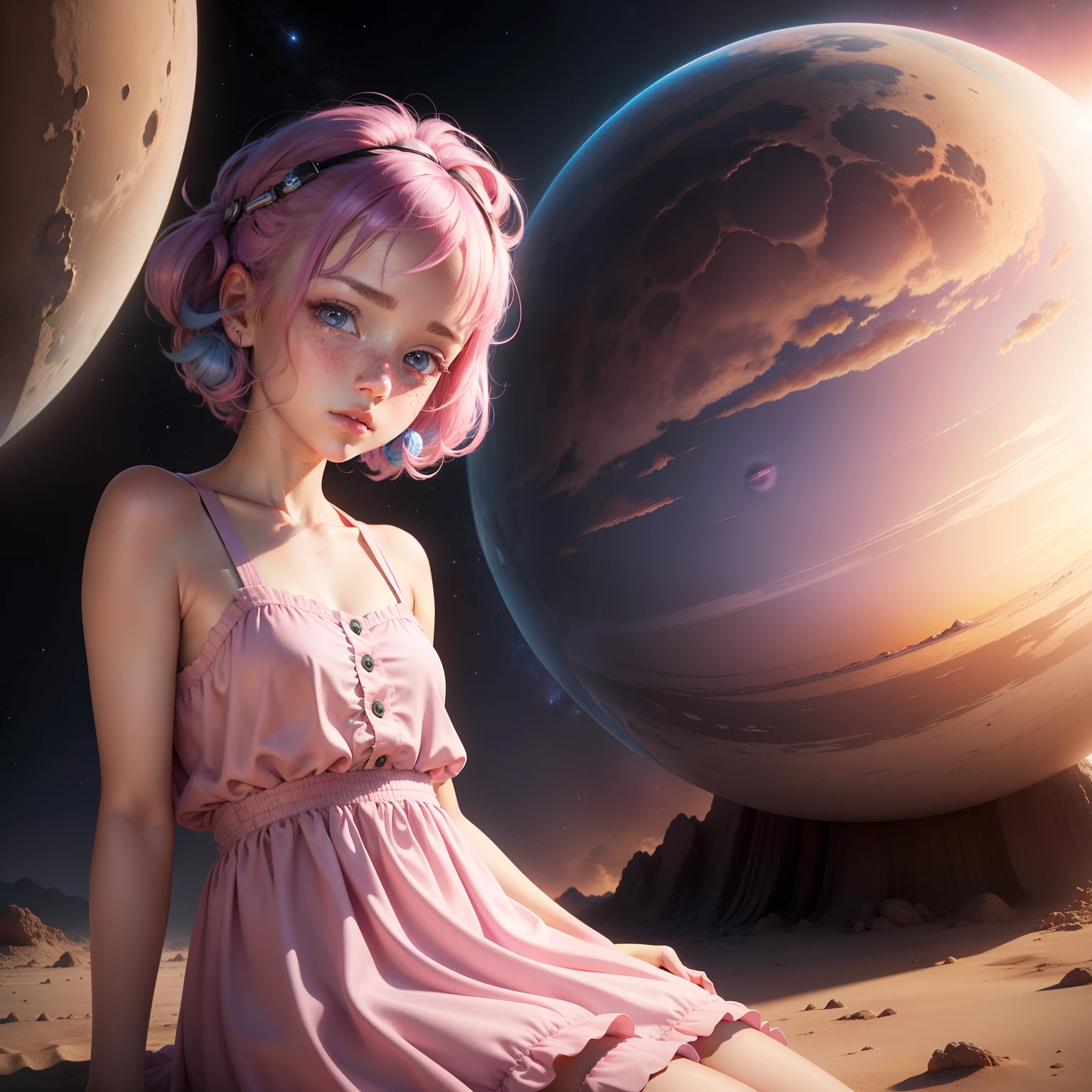 ultra-realistic realism,A distant planet,Pink sky,sat on the ground,A girl wearing a pink dress,Five suns,Real face blue hair,There is a little freckle under the eyes,Girl's double eyelids real face,The face is the same as a real person