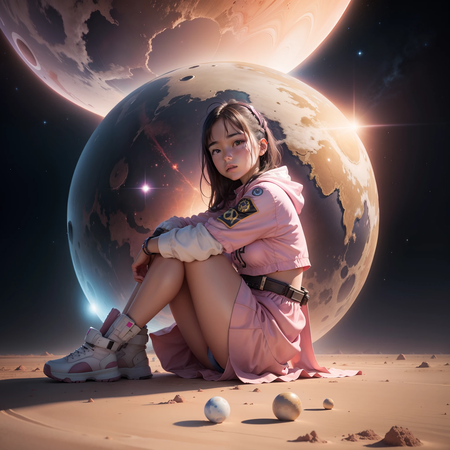 ultra-realistic realism,A distant planet,Pink sky,sat on the ground,one-girl,Five suns