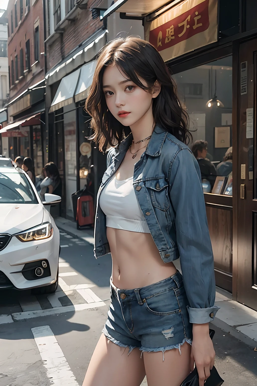 ((medium chest, tomboy, small head)), (well-defined abs: 1.1), (perfect body: 1.1), (short wavy hair: 1.2), russet hair, collar, chain, full body photo, crowded streets, wearing black vest, denim jacket, ((shorts)), (extremely detailed CG 8k wallpaper), (extremely delicate and beautiful), (masterpiece), (best quality: 1.0), (super high resolution: 1.0), beautiful lighting, perfect lightning, realistic shadows, [high resolution ], delicate skin, ultra-detailed ((colorful)))