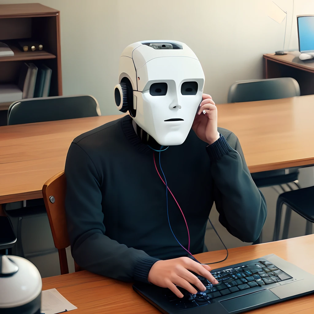 A man, a computer head, artificial intelligence,behind a table.