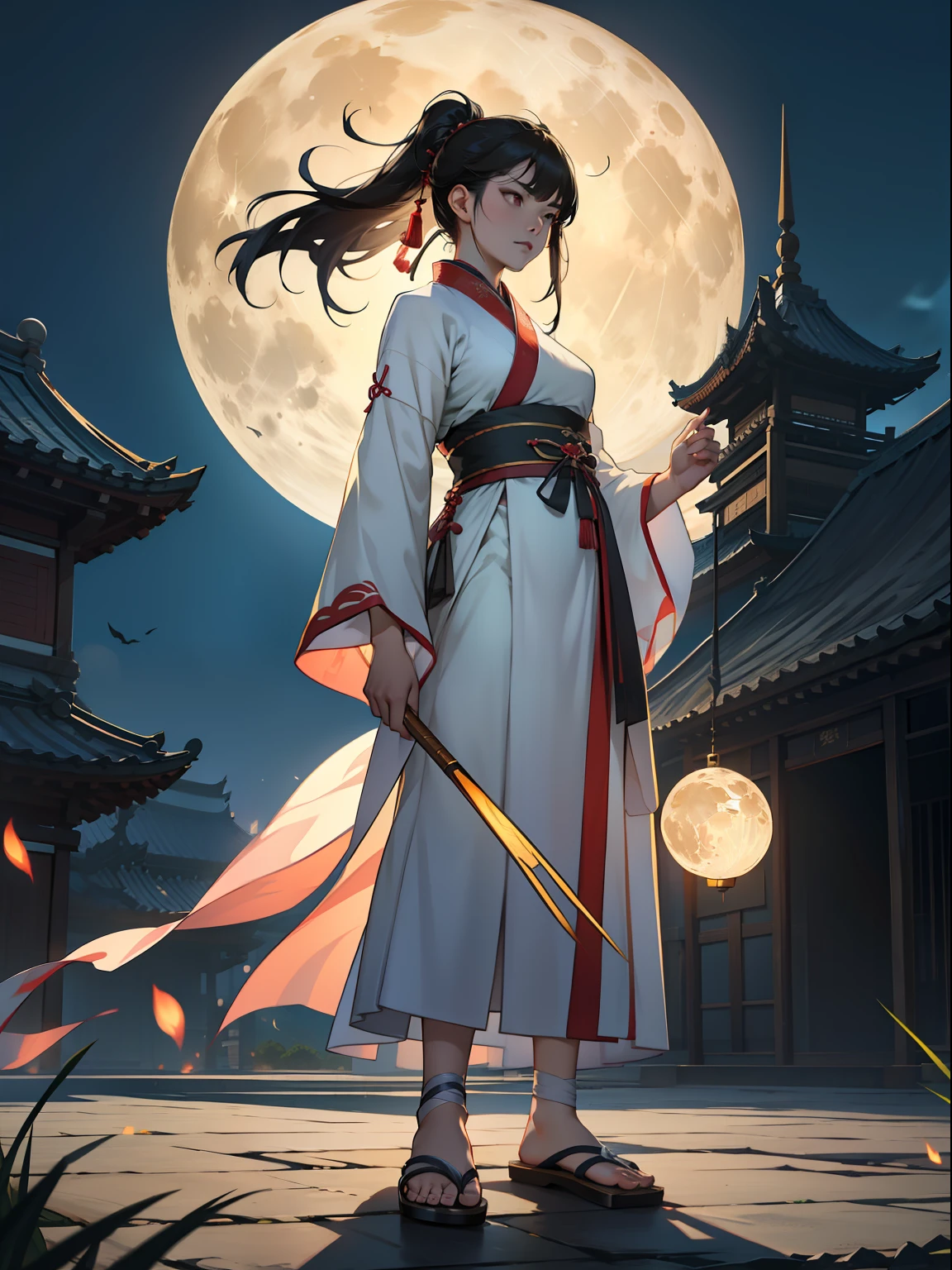 A woman who is,Hanfu,nigth,standing on your feet,Fan in hand,Fierce,Full moon,