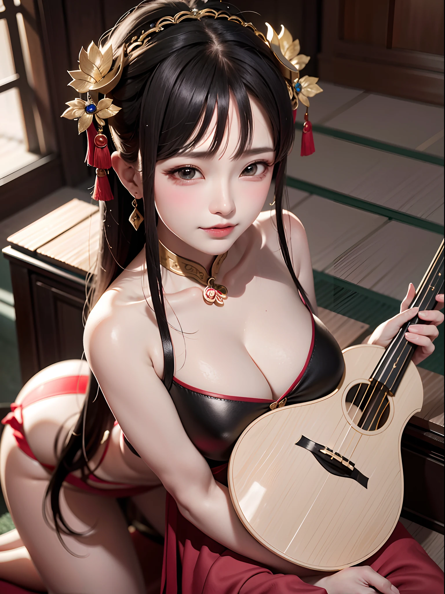 "Close-up shot of a woman gracefully holding a lute, infused with enchanting Chinese fantasy elements, portraying the regal presence of an ancient Chinese goddess."