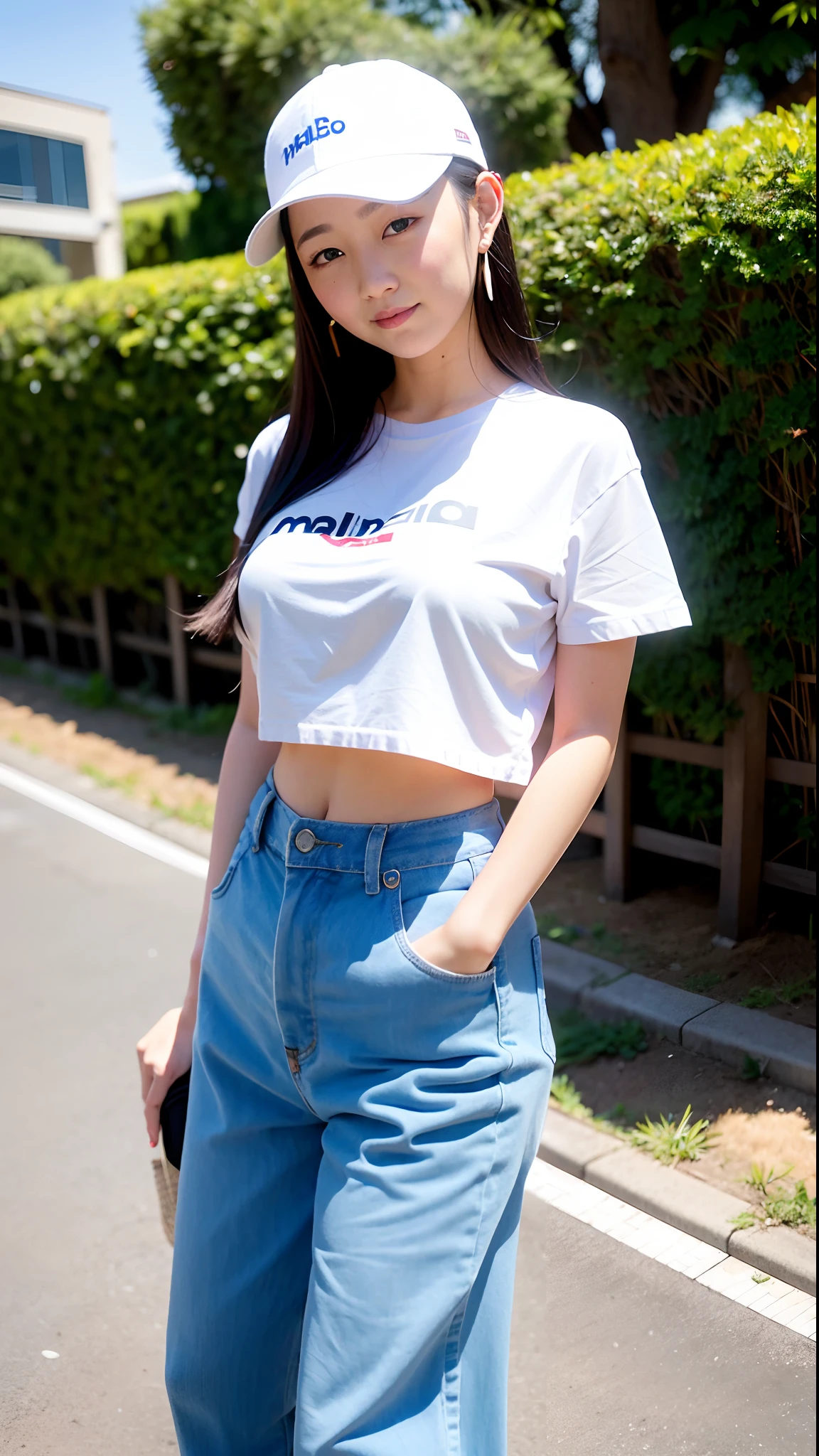 (Top Quality, 8k, 32k, Masterpiece, UHD: 1.2), 1 girl, beautiful Japan woman, thin waist, wide pants, belly button T-shirt, 18 years old, beautiful blue sky, (cute pose: 1.2), fine face, (smiling at whoever you like), hair fluttering in the wind, wearing a white cap,