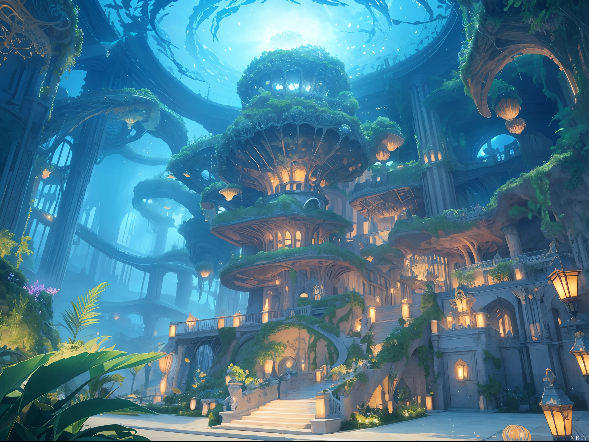 Masterpiece, High Quality, Ocean Forest, City, Fantastic Fantasy, Glowing Plants, Coral Viaduct, (Swarm of Glowing Jellyfish), (Shoal of Fish with Transparent Wings Flying in the Sky), Misty, Extreme Detail, Morning Light, Epic Composition, (Intricate Detail), (Intricate Design, Ultra Detail: 1.2), Art Station, (Masterpiece, Best Quality), Ultra HD, 32k ,castle,1girl