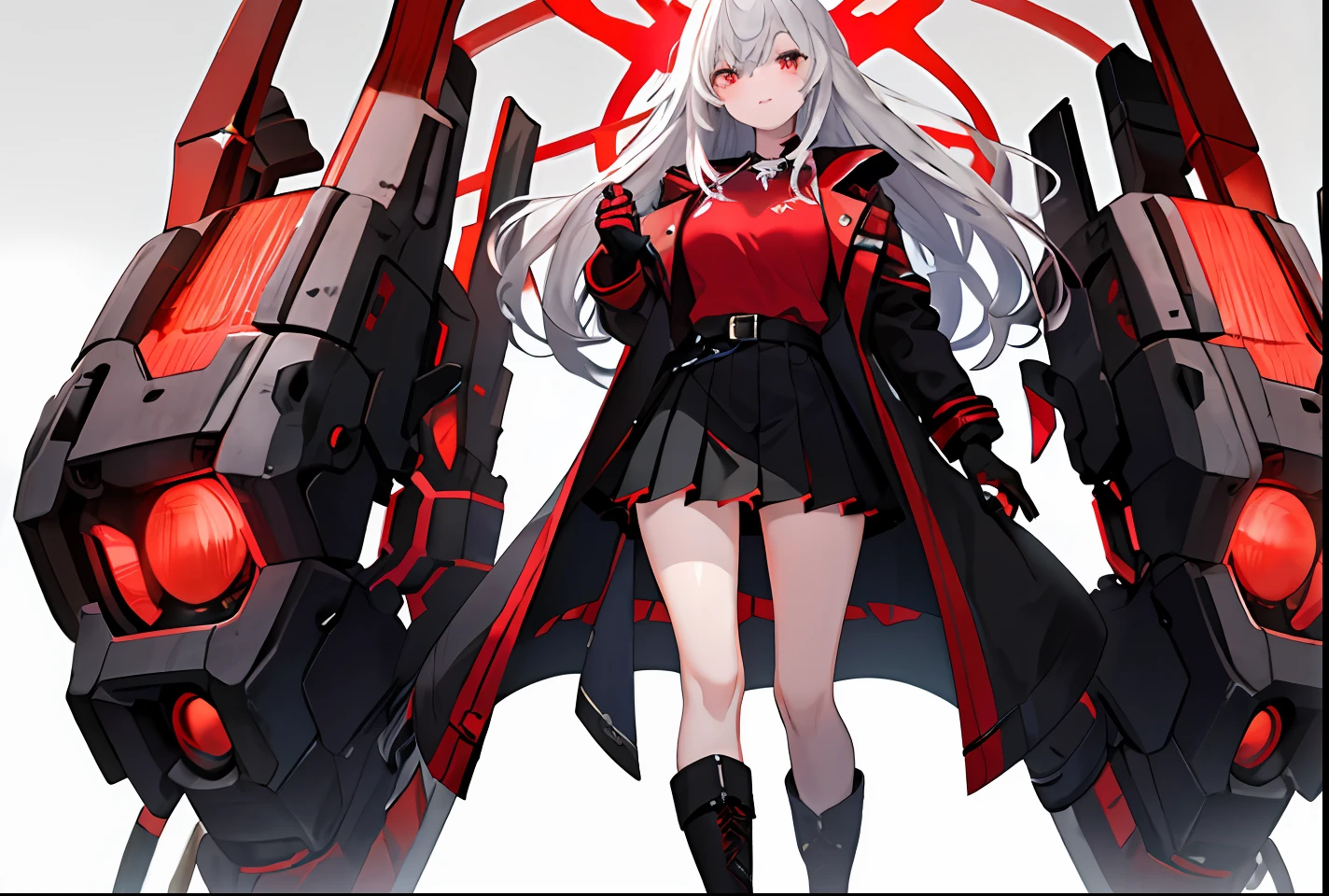 1girll,long leges,Red and black shirts,Red and black skirt,Red and black mechanical windproof boots,Large red and black trench coat,cabelos preto e longos,red color eyes,stand posture,Black two-fingered gloves,HighestQuali,4K,the detail,HighestQuali,bloods,eventide,tmasterpiece,best qualtiy,Red light source,Pubic area is clear