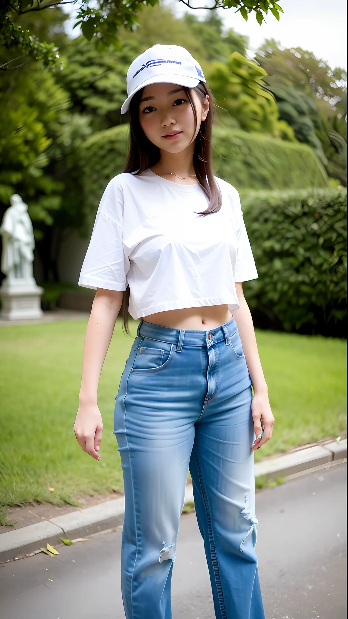 (Top Quality, 8k, 32k, Masterpiece, UHD: 1.2), 1 girl, beautiful Japan woman, thin waist, wide pants, belly button T-shirt, 18 years old, beautiful blue sky, (cute pose: 1.2), fine face, (smiling at whoever you like), hair fluttering in the wind, wearing a white cap,