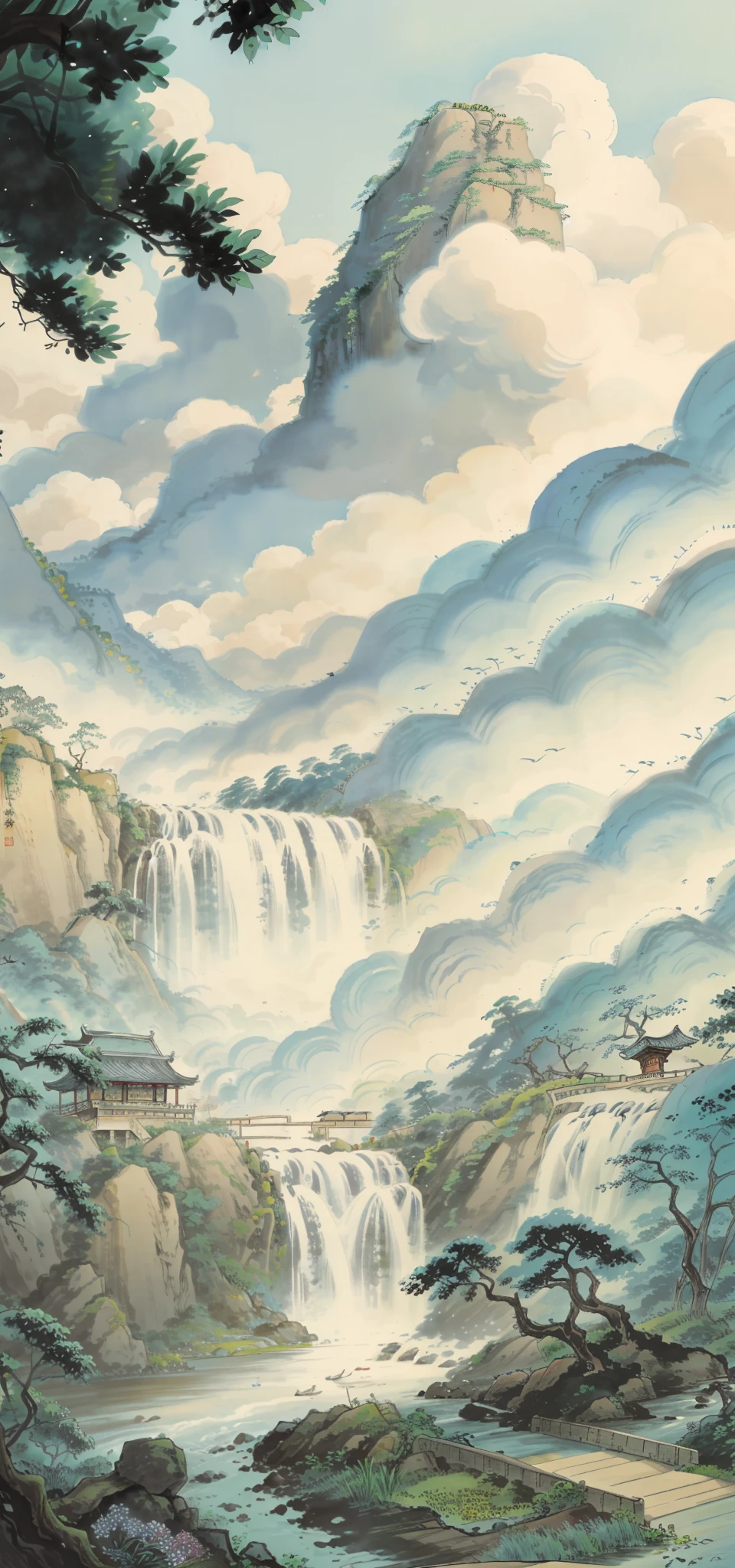 Chinese landscape painting,big trees,Stone waterfall,flowingwater,Far Tree,weeds,small boats,jetty,Sky blank clouds,Five or six farmhouses