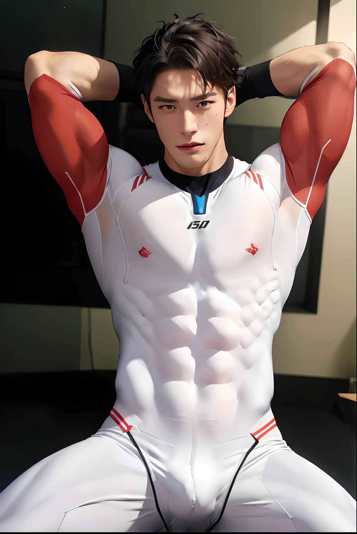 The Arad man in white and red tights sits on the black floor, Muscular!! Sci-fi, superhero body, Handsome anime pose, extra detailed body, anime figure; Full-body art, Highly detailed body, photorealistic perfect body, muscular character, South Korean male, male anime character