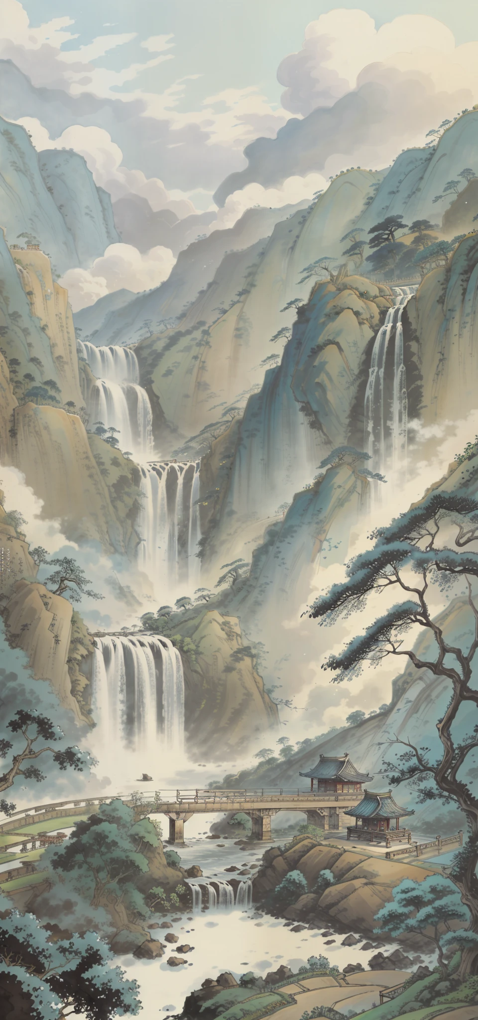 Chinese landscape painting,big trees,Stone waterfall,flowingwater,Far Tree,weeds,small boats,jetty,Sky blank clouds,Five or six farmhouses