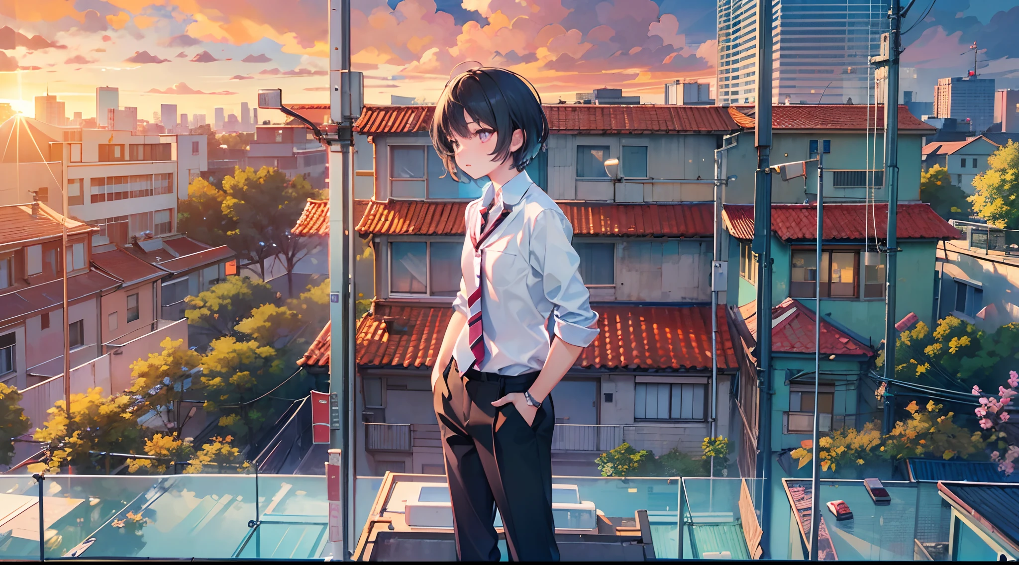 (Masterpiece, top quality, super detailed CG, ultra detailed beautiful face and eyes, super detailed, intricate details:1.2), 8k wallpapers, elaborate features,
(1 person, solo:1.4)perfect cartoon illustration,(1 person, solo:1.4)
(realistic textures:0.8), high res, cute, (vivid colors, dynamic lighting:1.0), (high contrast:0.8),
Male high school student, looking down from the roof of the school building onto the schoolyard and the far-reaching city and horizon, cool face (profile), serious expression, short black hair, blazer and shirt on upper body, slacks on lower body, blazer unbuttoned, red tie blowing in the wind, location on roof of school building, time is evening, beautiful sunset, gentle breeze, slightly distant view, full body in the illustration.