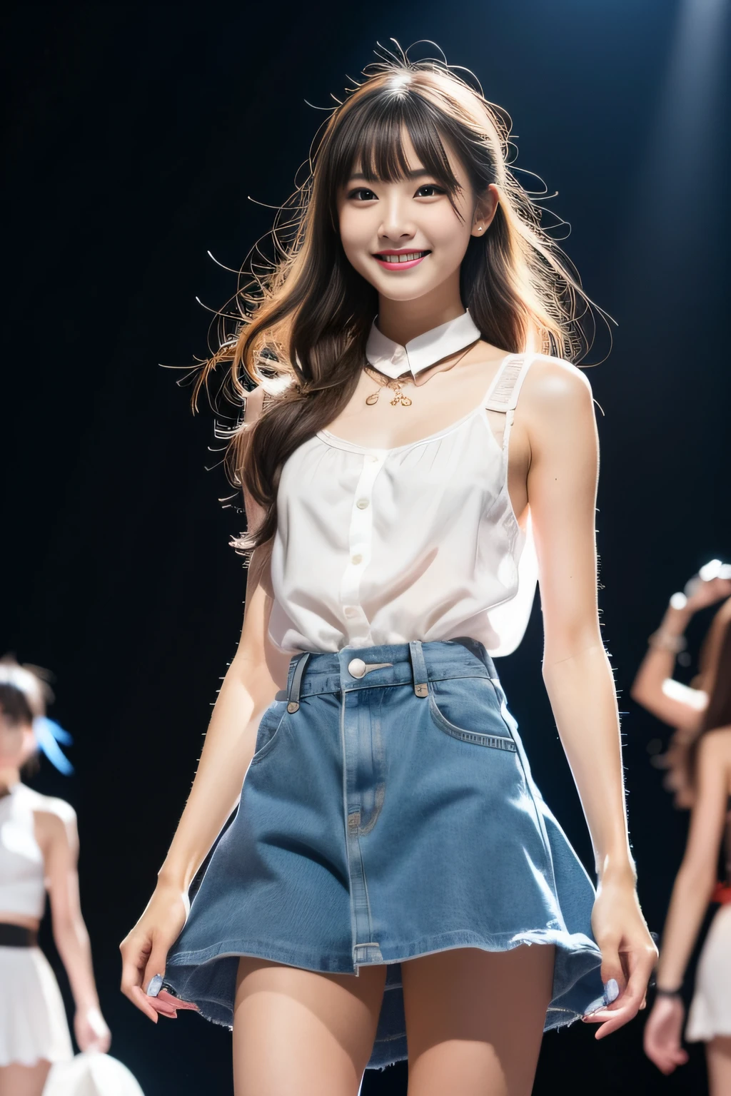 (8K分辨率,Full body photo in the distance,Photograph of the over-leg half,Realistic wallpapers),(1 female,18yr old,(Rina Fujii's facial features:1.6,Wide skeletal cheeks,s delicate face),com rosto detalhado,(Delicate Japanese makeup,Stage pop makeup),Lovely face,com rosto detalhado,详细的脸,Ultra-fine makeup,Black colored eyes,(Look into the distance),Long curly blonde hair,(By bangs,Tied up ponytail,messy hair,Messy has layers),Redlip,Fair smooth skin,(Best Skin Type:1.21),mediuml breasts,(Suspender off-the-shoulder short-sleeved shirt,(white colors,blobs),Fitness tights,(materpiece:terylene,Lycra cotton),Lunette de soleil,Fashion necklace,espadrilles),Tall and tall,The action of flying kisses,perfect hand,Ultra-fine clothing material),(Stage catwalk,Catwalk LCD background,Exquisite stage details,(Vista view of the catwalk,Outdoor catwalk,Tokyo fashion show,neonlight,There were a lot of spectators in the audience,Model on the catwalk)),(exhilarated,confident smile,Rejoice),(Various stage lighting assistance,profesional lighting,动态照明),((Color contrast,Reserved,ellegance,vivaciousness,(white colors,white colors,blue colors,in pink))),(Golden section,Cinema lenses,Dynamic shots,Hasselblad photograp,tmasterpiece:1.3),(adolable,rays of sunshine,vivaciousness,Petite and lovely,dream magical,Little woman,trendsetting,Street style,Artis,Art platform)