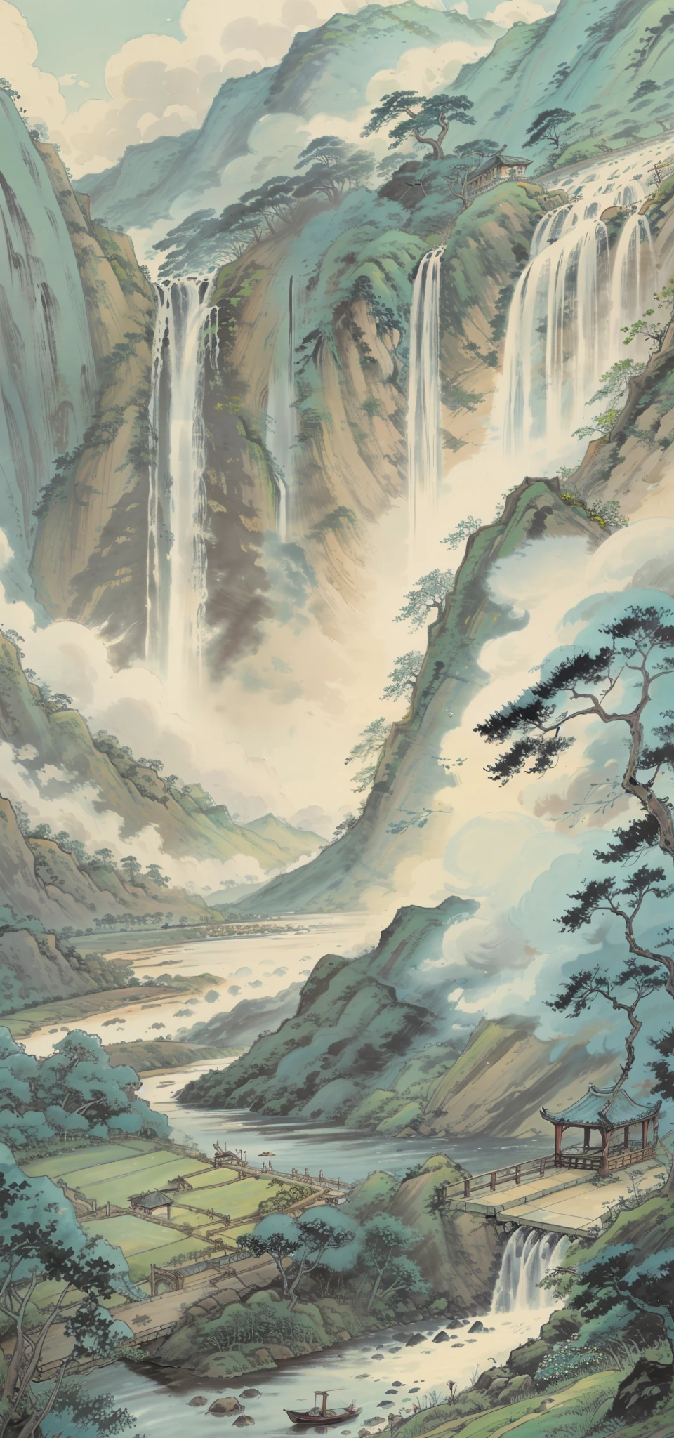 Chinese landscape painting,big trees,Stone waterfall,flowingwater,Far Tree,weeds,small boats,jetty,Sky blank clouds,Five or six farmhouses