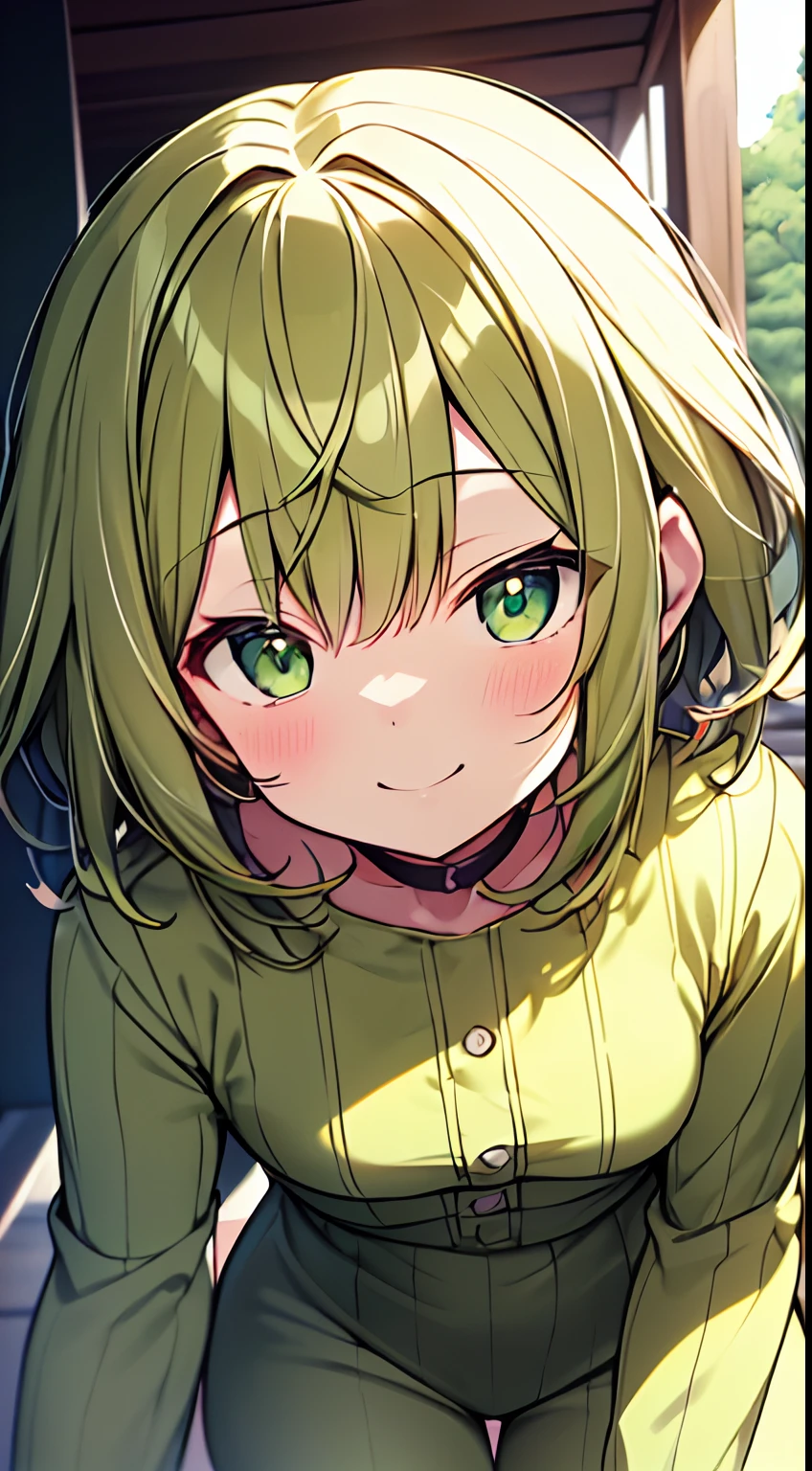 masutepiece, Best Quality,Illustration, Wallpaper, Ultra Detail, absurderes, 1loli,Solo,Beautiful detailed eyes,Thick contour lines、Medium Short-Cut Hair, (nffsw)、(((Light yellow-green clothes)))、Dark hair color、((Full smile))、((Small curvaceous))