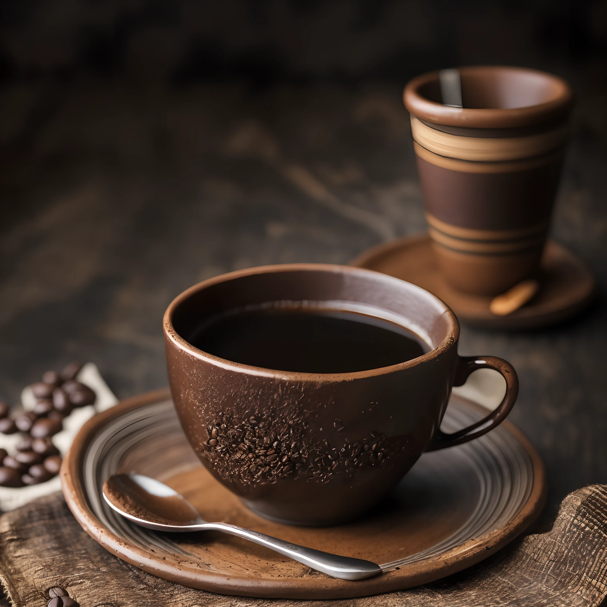 roasted coffee and beans spread over on a cloth with a cup of clay coffee soft smoke photographed with a 35mm HDR ultra realistic macro camera