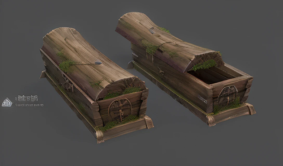 Close-up of two wooden boxes,It grows moss, game assets, seperated game asset, wooden banks, rpg game environment asset, 3d game object, isometric game asset, video game assets, casket, video game assets, video game assets, with detailed wood, game assets, ancient wood environment, 2d game asset, low poly model