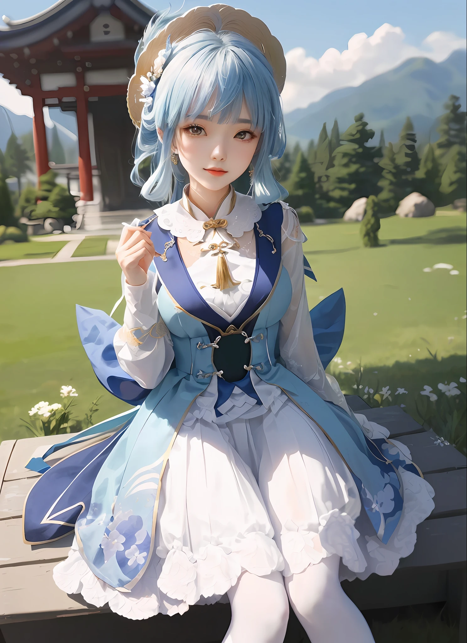 Stylistic image of woman in blue dress sitting on bench, Keqing from Genshin Impact, Genshin, Guviz, Guviz-style artwork, Ayaka Genshin impact, zhongli from genshin impact, Palace ， A girl in Hanfu, Genshin impact's character, Lovely Waifu in beautiful clothes